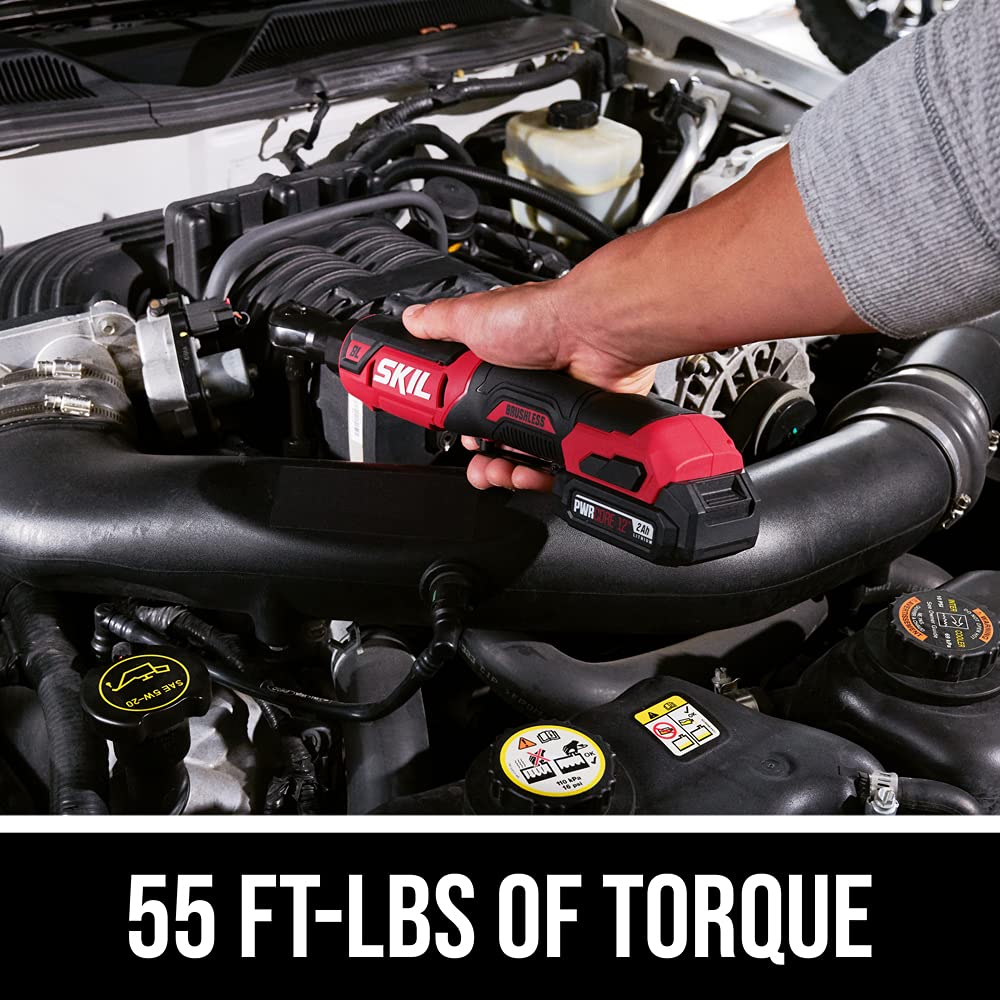 SKIL PWR CORE 12 Brushless 12V Cordless 3/8 Inch Ratchet Wrench Kit with 2.0Ah Lithium Battery & Fast Charger - RW5763A-10 - Perfect for Automotive Repairs, DIY Projects, and Tight Space Fastening