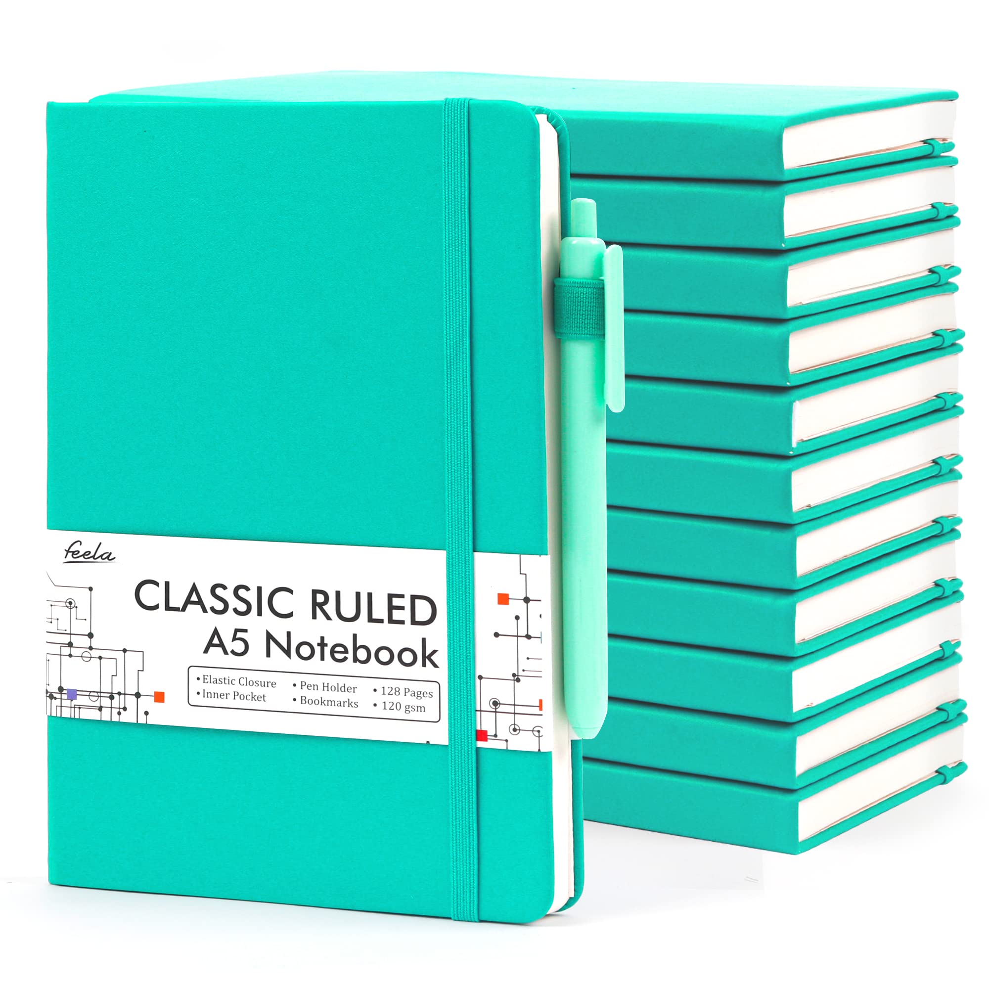 12-Pack Hardcover Notebook Journals Bulk Set - Classic Ruled Lined Writing Notebooks with Pen Holder, Includes 12 Black Pens (120 GSM, 5.1