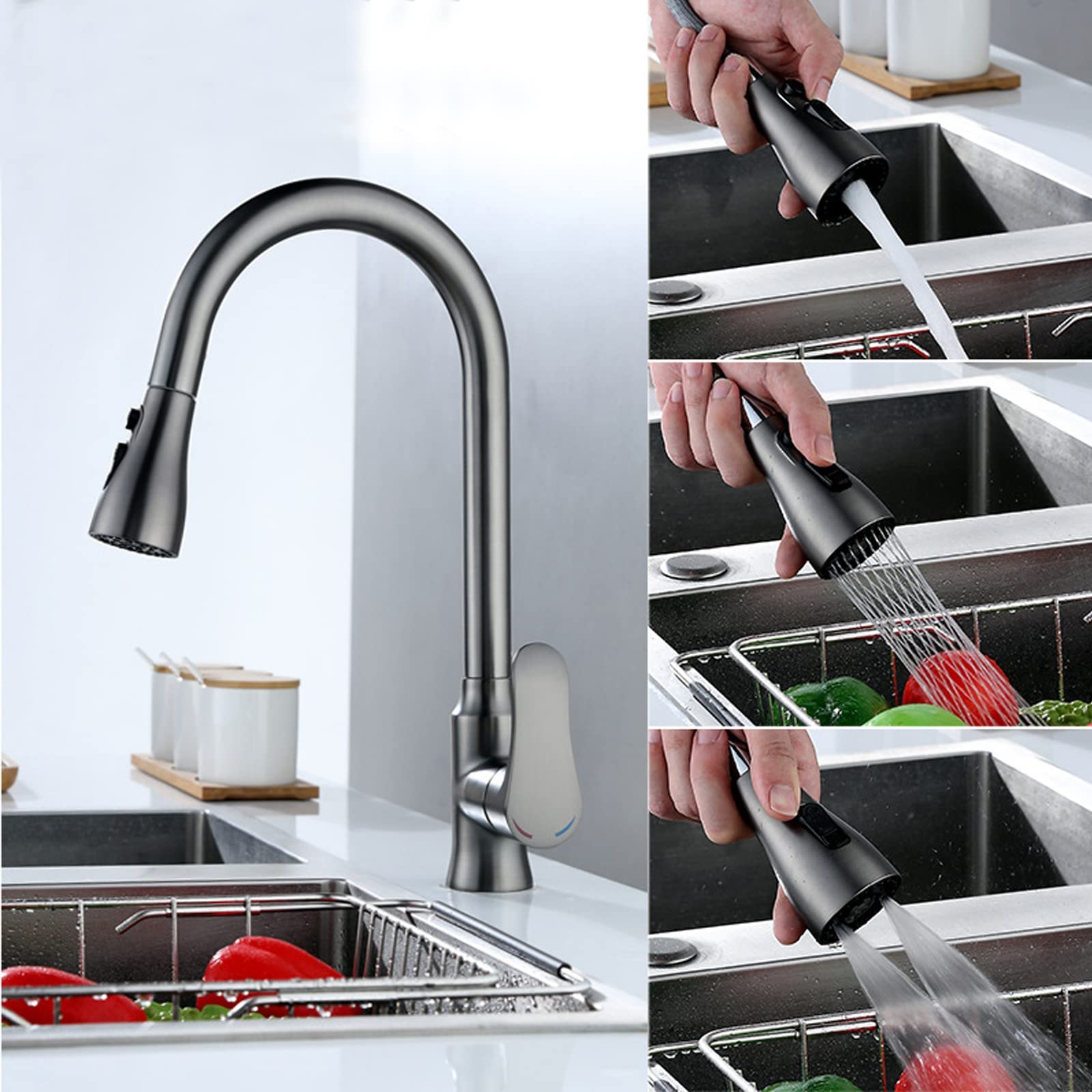 High Arc Pull Down Kitchen Faucet with 3-Function Sprayer - Gun Grey Full Copper Construction - Perfect for Modern Farmhouse & Commercial Kitchen Sinks