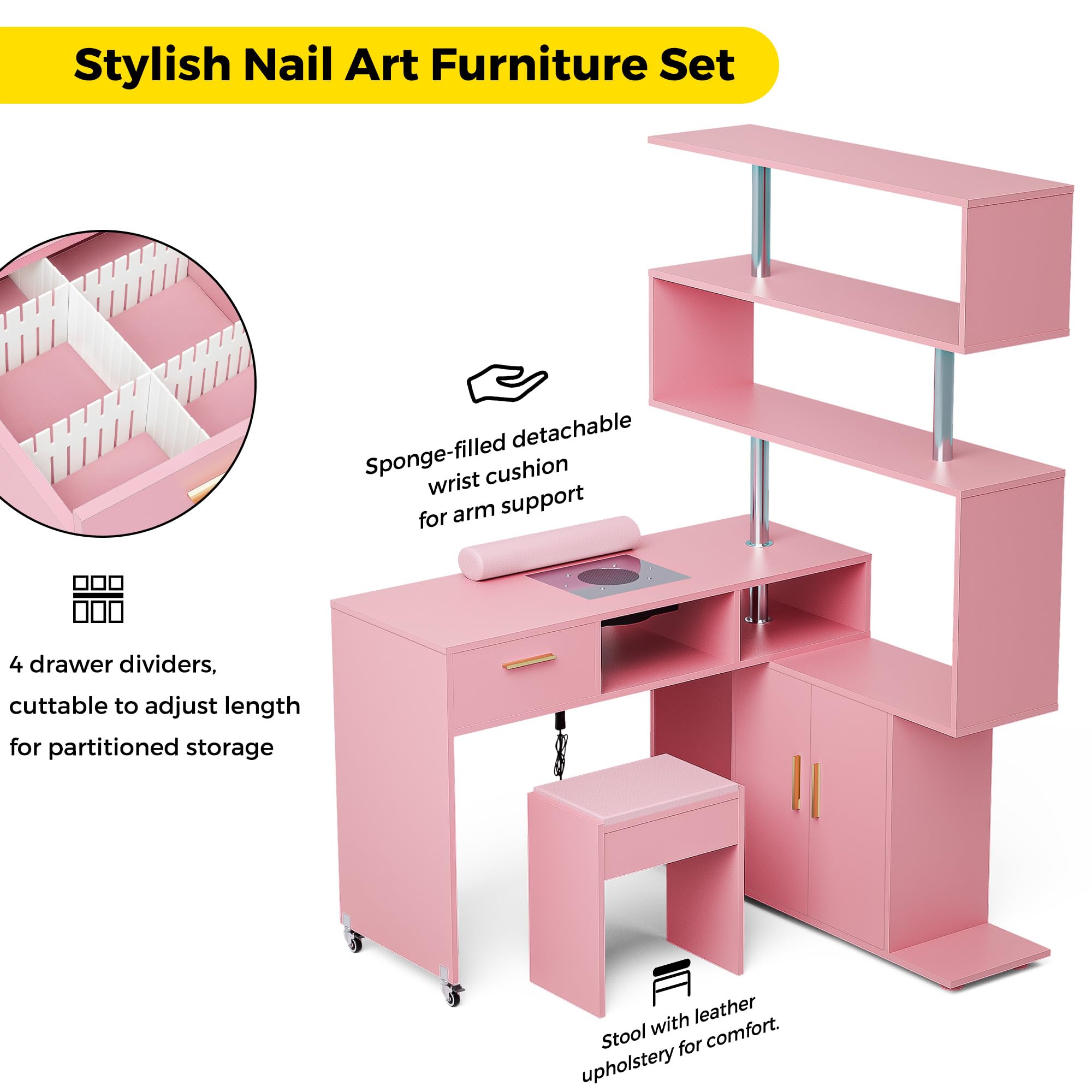Professional L-Shaped Nail Tech Desk with Dust Collector - Manicure Table with Stool, 2-Way Drawers, Storage Cabinet & Shelves, Mobile Rotating Workstation for Salon & Home Use (Pink) - Perfect for Nail Artists, Beauty Technicians & DIY Enthusiasts