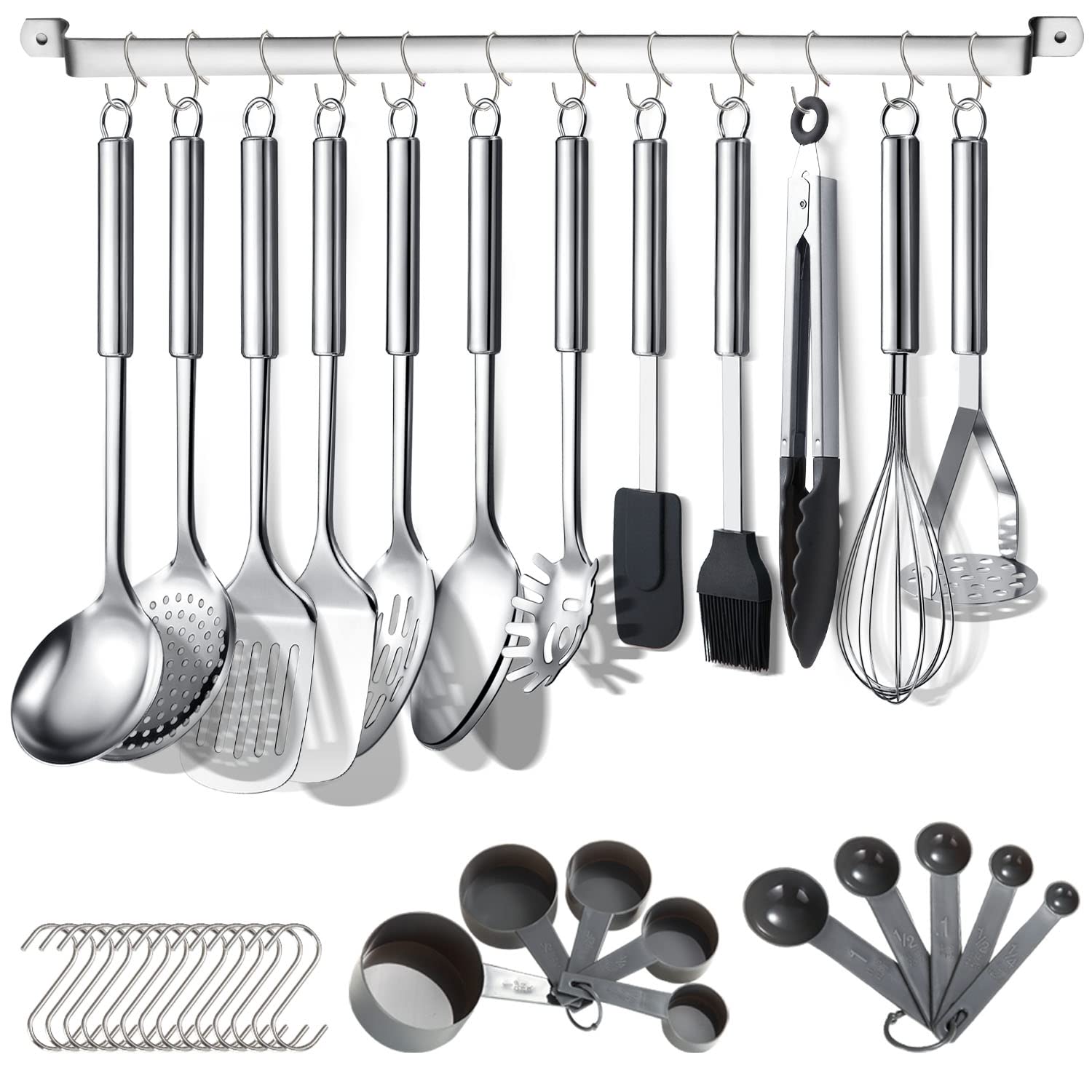 Berglander 38-Piece Stainless Steel Kitchen Utensil Set with Holder Rack & Hooks - Dishwasher Safe Cookware for Baking, Frying & Cooking - Perfect for Home Chefs & Professional Kitchens