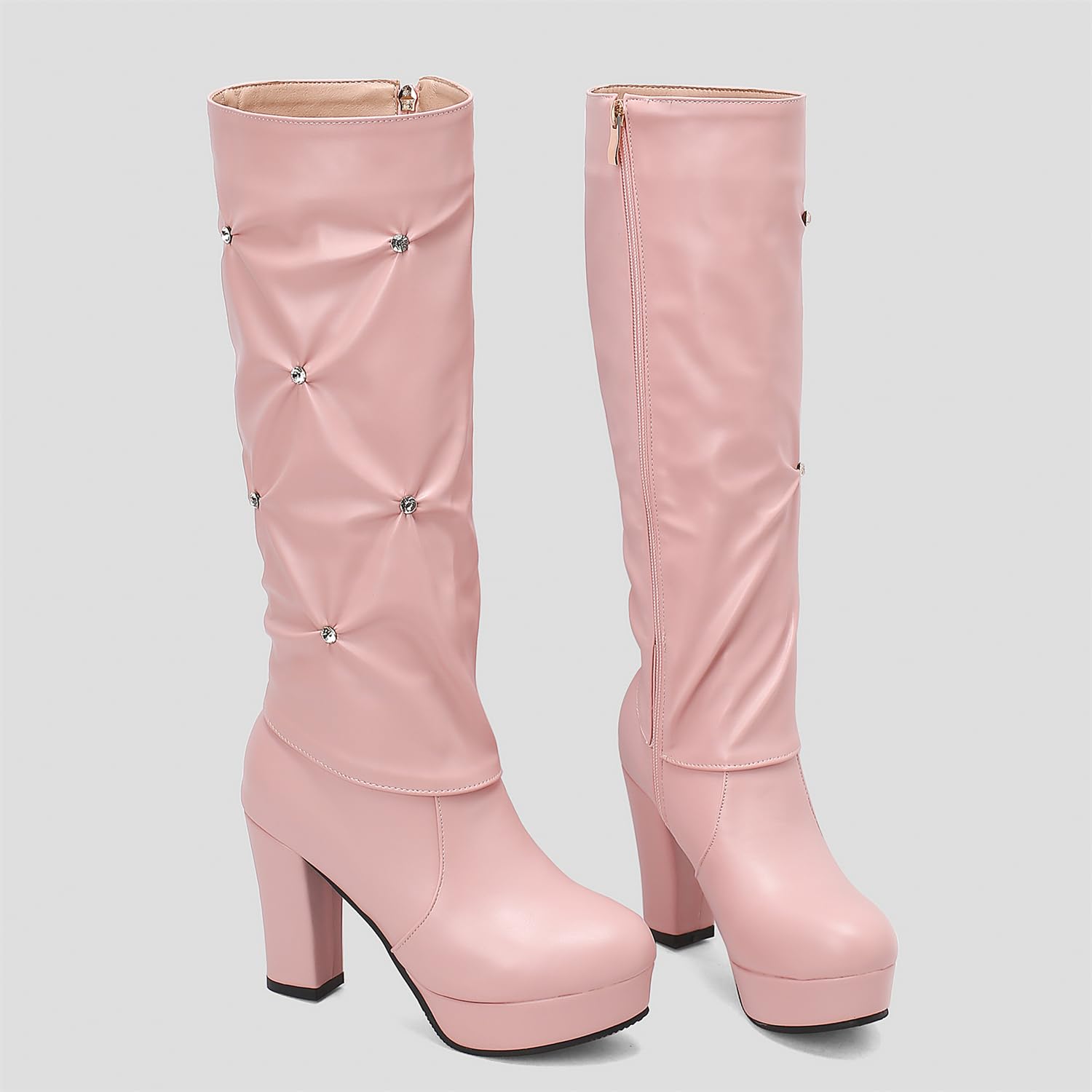 LYYSKY Women's Fashion Knee High Boots - 9.5CM High Heels, Round Toe Platform, Side Zipper & Rhinestone Decoration, Knight Boots in Black/White/Red/Pink (US4-US15) - Perfect for Party, Night Out, Date Night & Winter Fashion