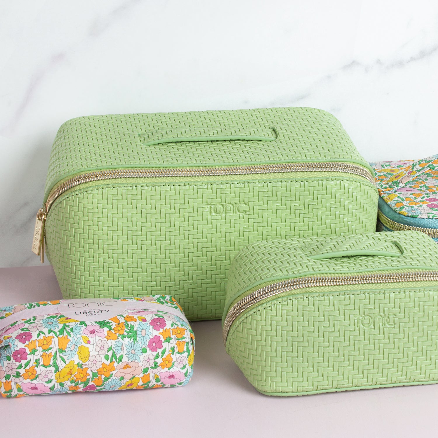 Medium Beauty Bag - Herringbone Pistachio Green Cosmetic Organizer for Travel, Gym & Daily Makeup Storage | Waterproof & Durable Makeup Pouch