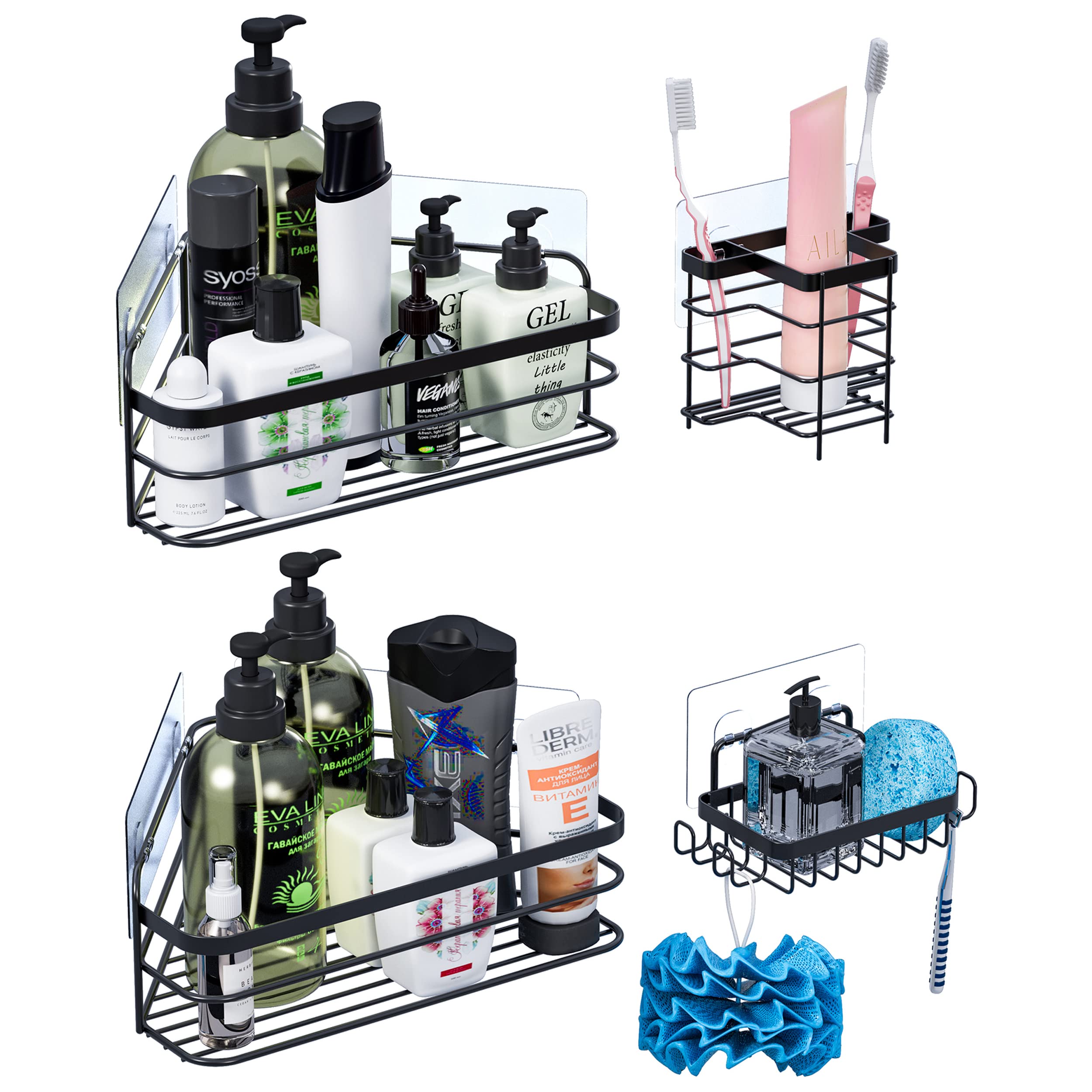 SUPFIRM No Drill Wall Mount Stainless Steel Corner Shower Caddy with Hooks - 4 Pack Black Bathroom & Kitchen Storage Organizer - Perfect for Small Spaces, Apartments, RVs and Dorm Rooms