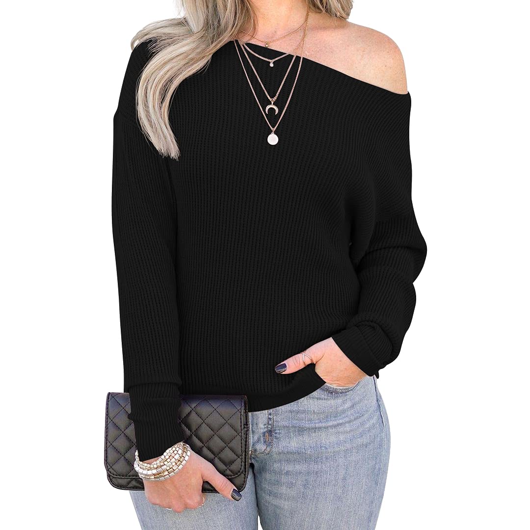 IWOLLENCE Women's Off Shoulder Waffle Knit Batwing Long Sleeve Loose Pullover Sweater - Cozy Casual Wear for Fall, Winter & Date Nights