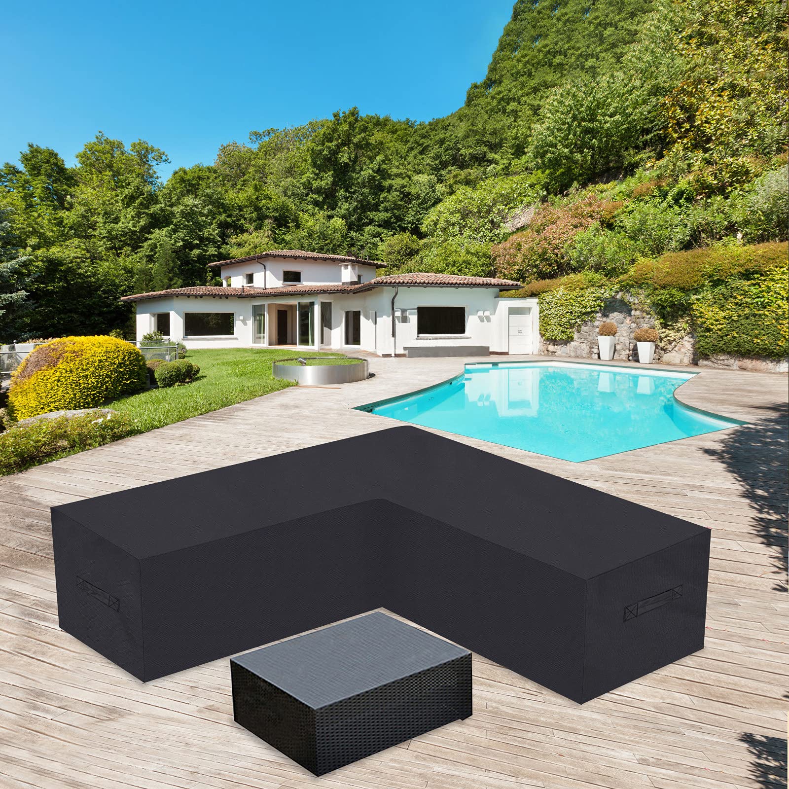 Waterproof 420D Outdoor Patio Sectional Sofa Cover - Windproof V-Shaped Furniture Protector (106