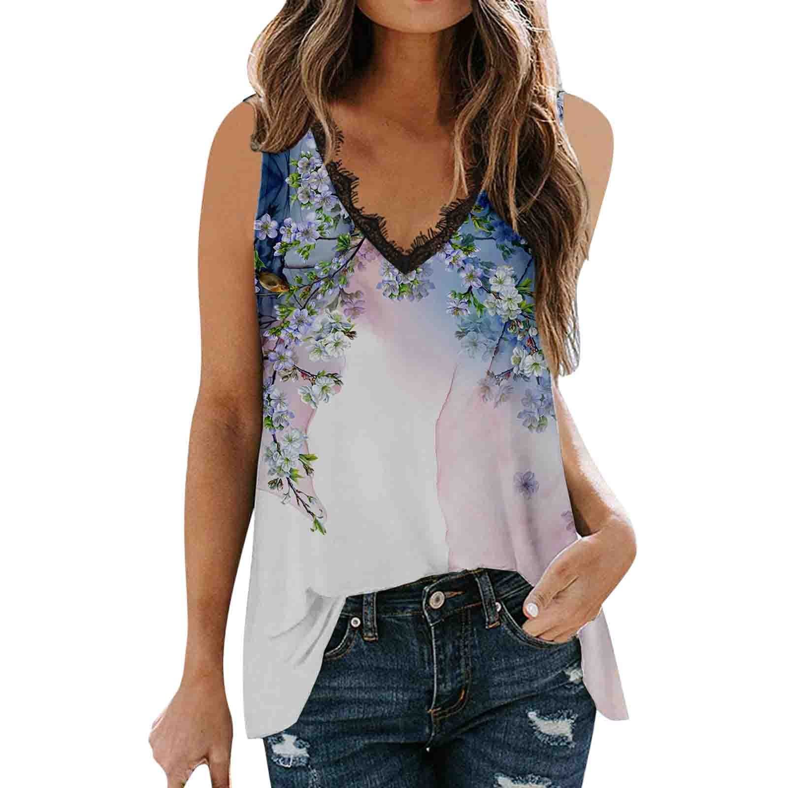 Women's Floral Printed V-Neck Lace Tank Tops - Sleeveless Summer Blouses for Casual Wear & Work Outfits | Perfect for Beach, Office, and Everyday Fashion
