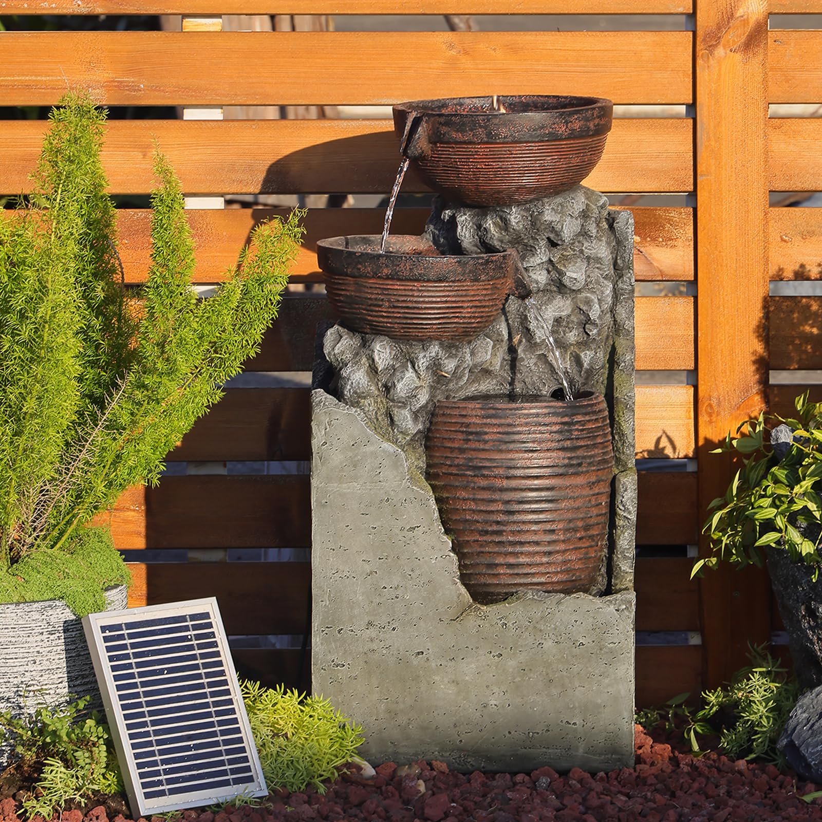 Solar Powered 3-Tier Outdoor Water Fountain with LED Lights - 28 Inch Garden Waterfall Feature for Patio, Yard, Porch, Deck & Pool Decor | Perfect for Relaxation & Zen Atmosphere
