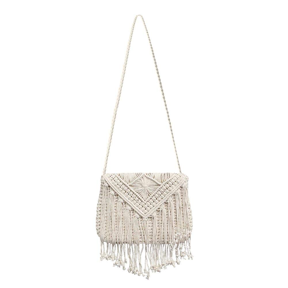 FETION Vintage Woven Tassel Shoulder Bag for Women - Solid Color Flap Crossbody Purse (Ivory) | Boho Chic Handbag for Casual Outings, Travel & Everyday Use