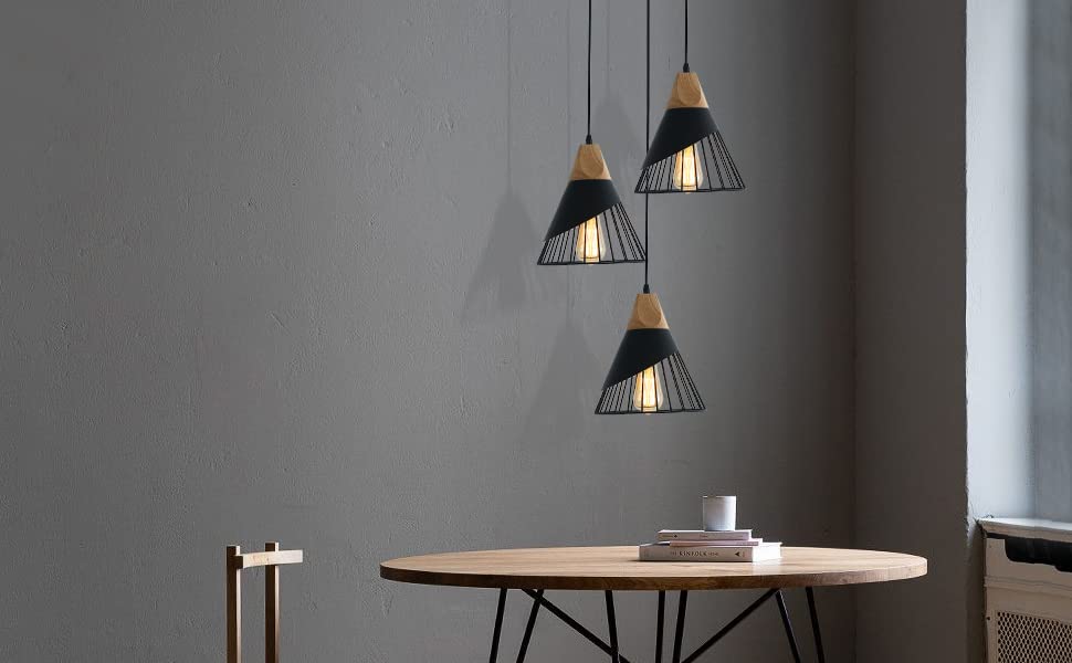 Modern Black Adjustable Wood Pendant Light - Kitchen Island Hanging Fixture for Dining Room, Living Room, Bedroom, Hallway & Bar | Industrial Style Lighting for Home & Commercial Spaces