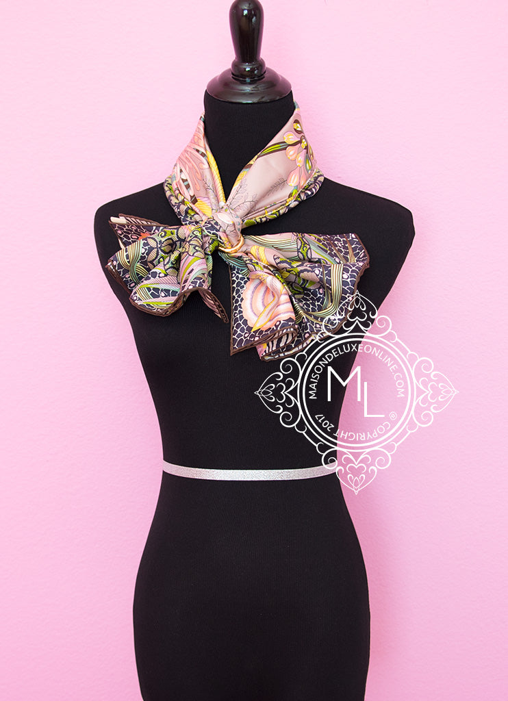Hermes Brown Pink Twill Silk Scarf 90cm - Flowers of South Africa Design - Luxury Fashion Accessory for Women, Perfect for Gifts, Parties & Special Occasions