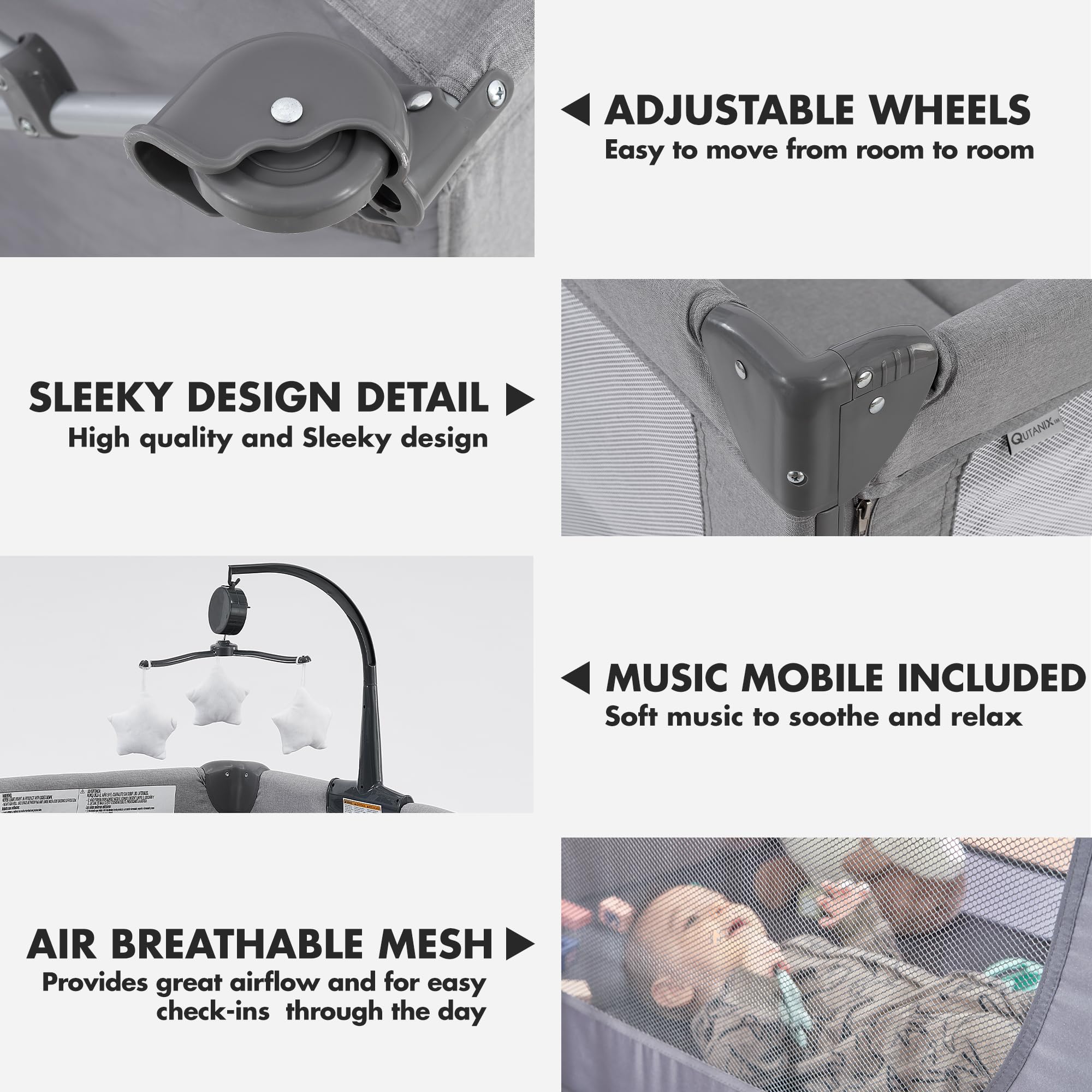 2-in-1 Baby Playard & Portable Crib with Bassinet - Easy Fold Playpen with Music Mobile for Newborn to Toddlers, Grey | Perfect for Nursery, Travel & Daycare Use