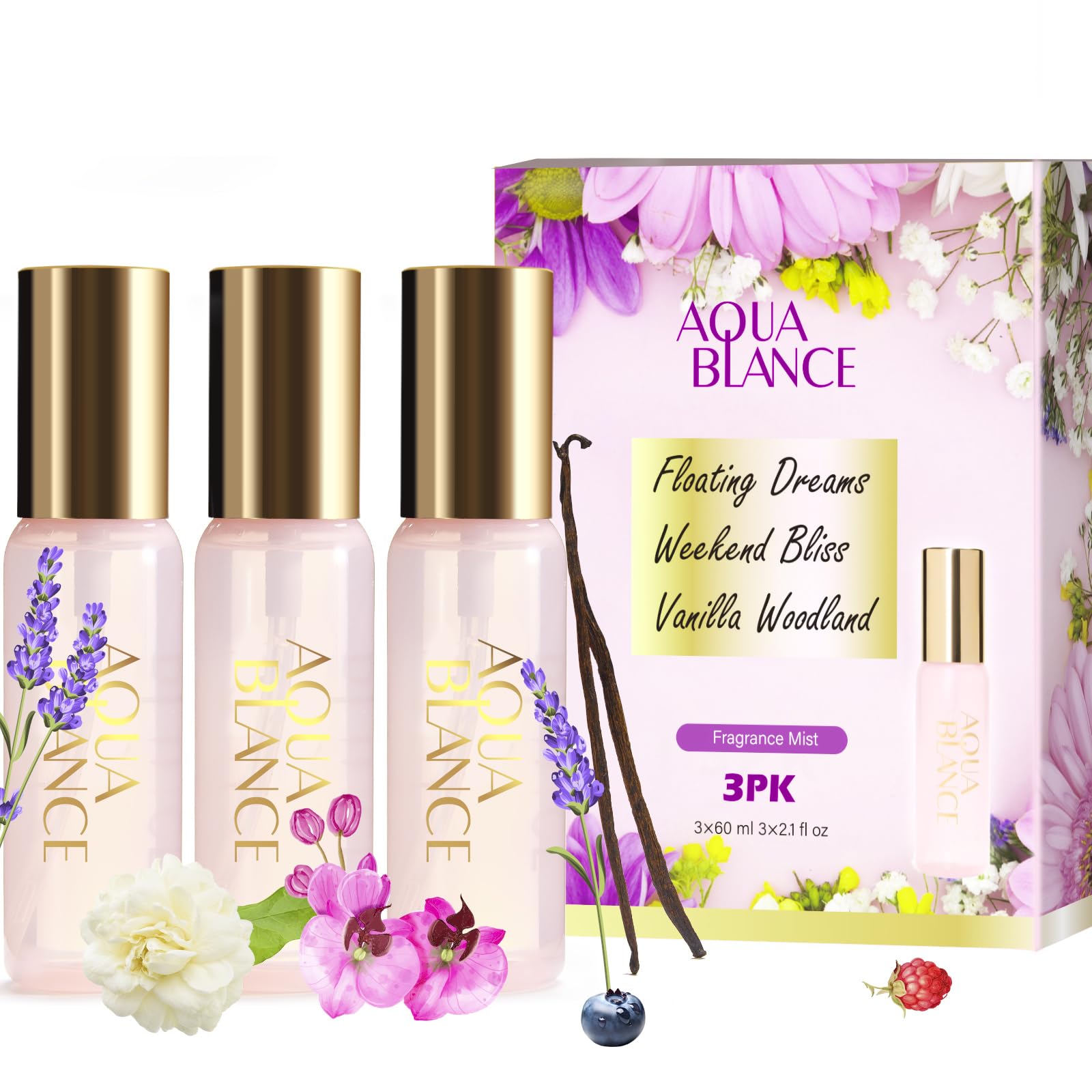 Women's Body Spray Set - 3 Travel Size Fragrances (60ml/2.1 FlOz Each) - Vanilla Woodland, Lavender & Jasmine Raspberry Scents - Perfect for Gym, Office & Everyday Use