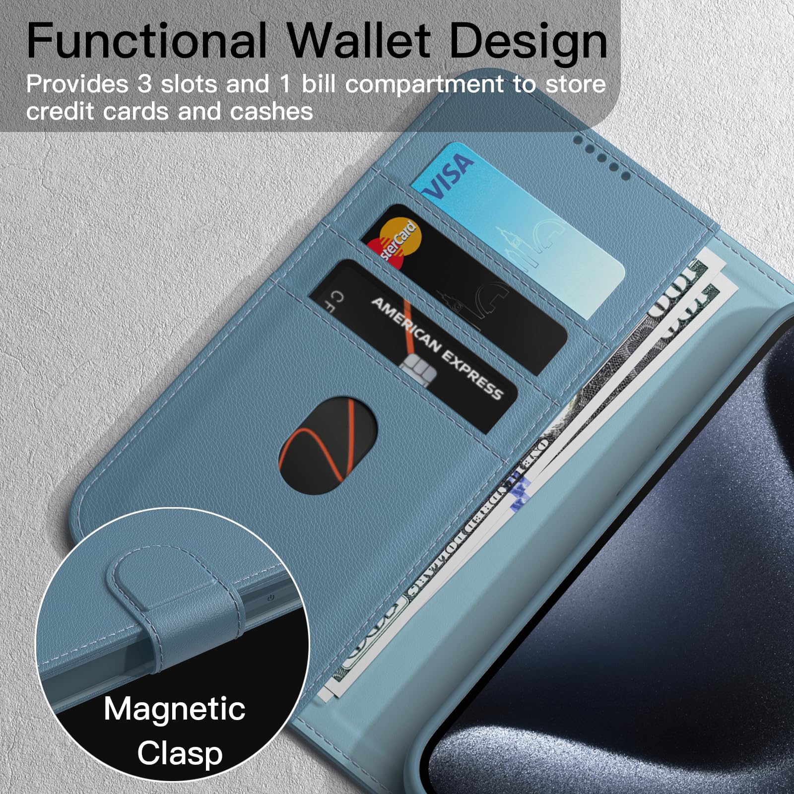 JETech Magnetic Wallet Case for iPhone 15 Pro Max 6.7-Inch - Shockproof PU Leather Flip Cover with Card Holder, Stand Feature & Full Camera Protection (Blue Titanium) | Perfect for Work, Travel & Everyday Use