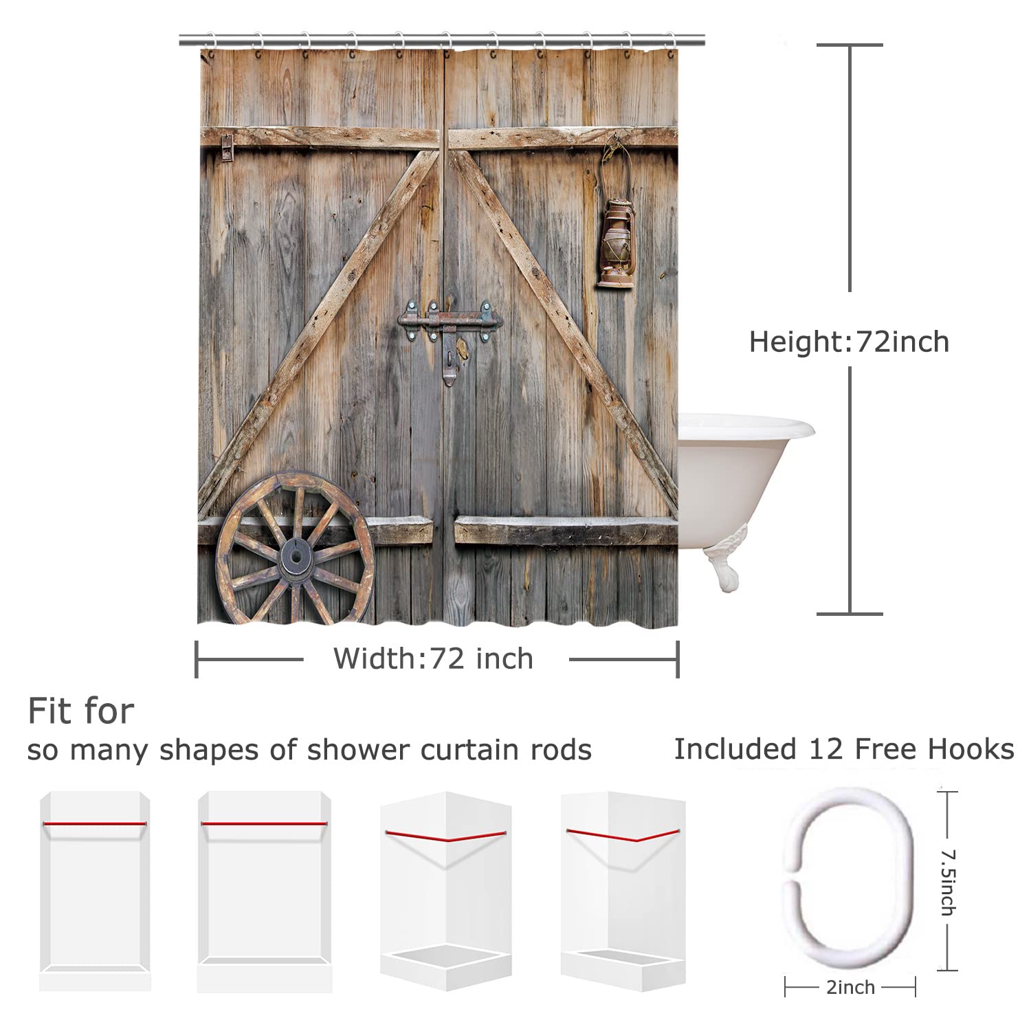 Rustic Barn Door Shower Curtain - Farmhouse Wooden Plank Design, Brown Wildlife Western Pattern, Waterproof Polyester Fabric, 72x72 Inches with Hooks - Perfect for Country Style Bathroom Decor & Western Themed Home
