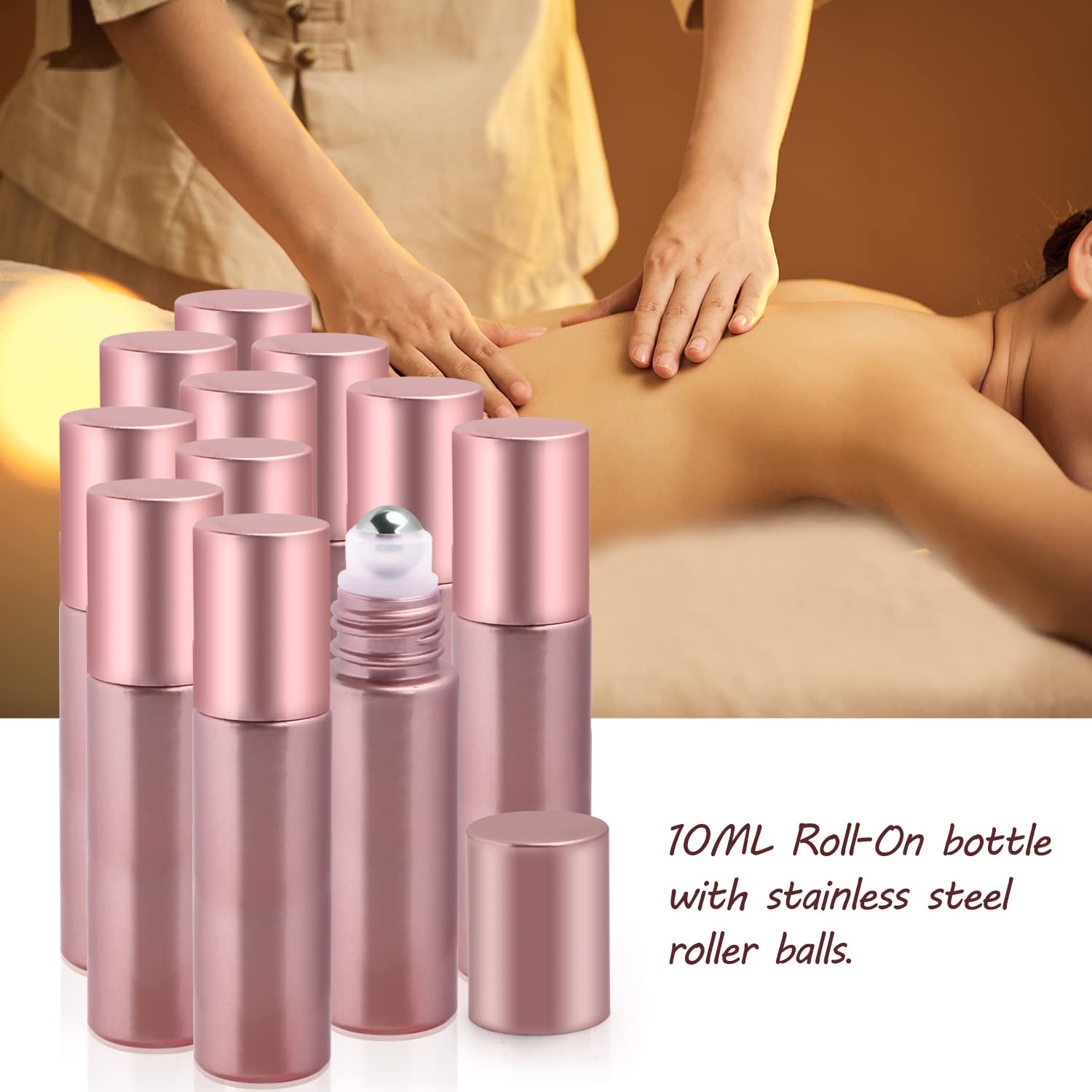 10 Pack 10ml Pink Glass Essential Oil Roller Bottles - Refillable Roll On Bottles with Stainless Steel Roller Ball - Perfect for Aromatherapy, Travel Perfume & DIY Essential Oil Blends