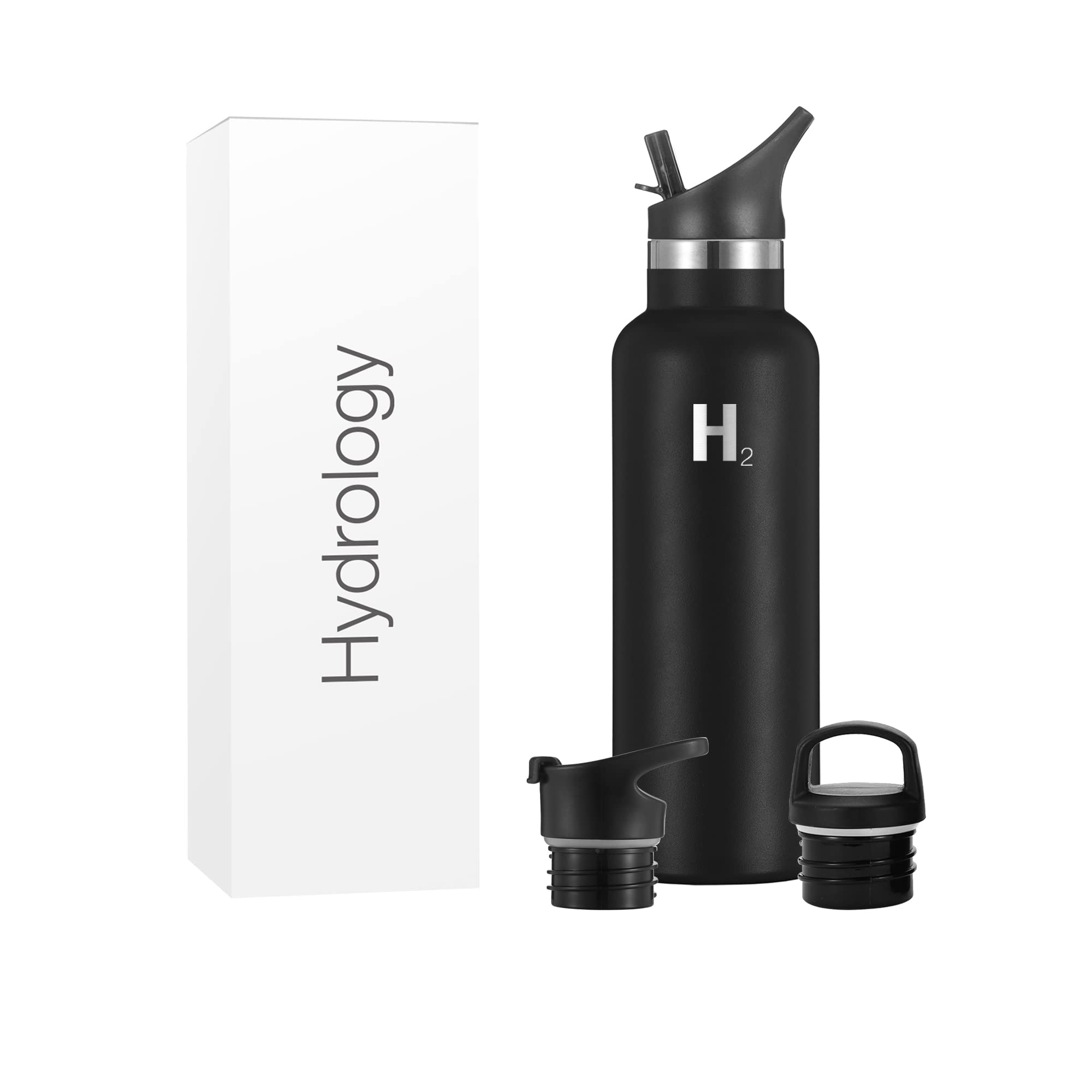 H2 Hydrology Narrow Mouth Stainless Steel Insulated Water Bottle - 20oz Vacuum Insulated Double Wall Metal Water Bottle for Hot & Cold Drinks - Comes with 3 Lids (Black) - Perfect for Gym, Hiking, Camping & Outdoor Activities