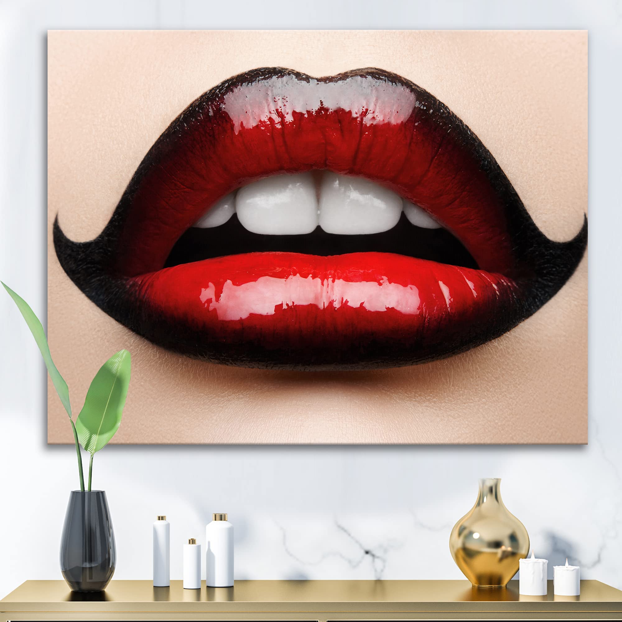 DesignQ Modern Canvas Wall Art - Red and Black Lipstick Female Lips Painting for Living Room, Bedroom & Office Decor