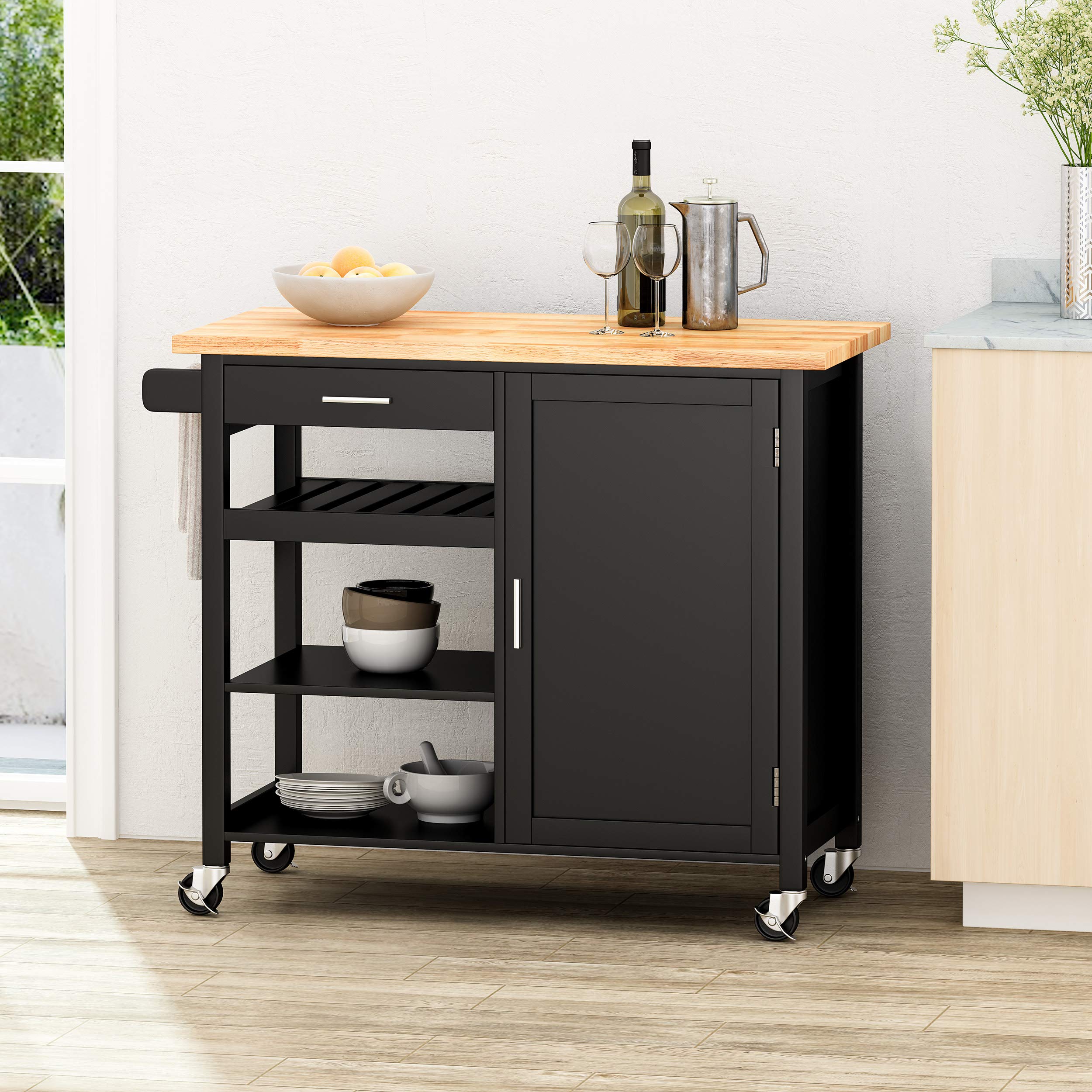 Christopher Knight Home Frances Contemporary Kitchen Cart with Wheels - Natural & Black Finish | Rolling Kitchen Island for Small Spaces, Mobile Bar Cart for Entertaining, Portable Storage for Pantry or Dining Room