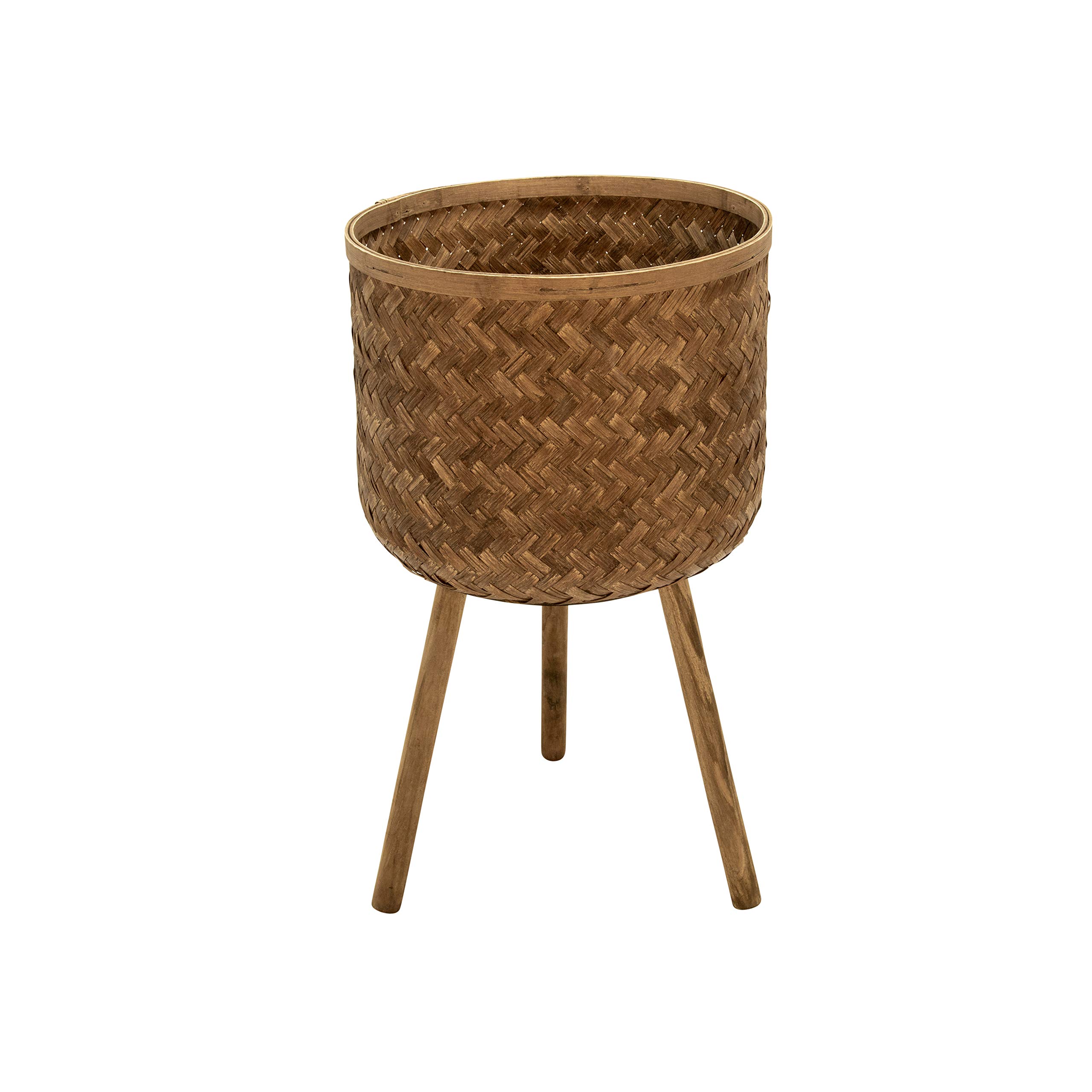 Sagebrook Home Set of 3 Wooden Planters with Stands – Natural Bamboo & Pine Plant Pots, Handwoven Brown Design for Indoor & Outdoor Decor, 22