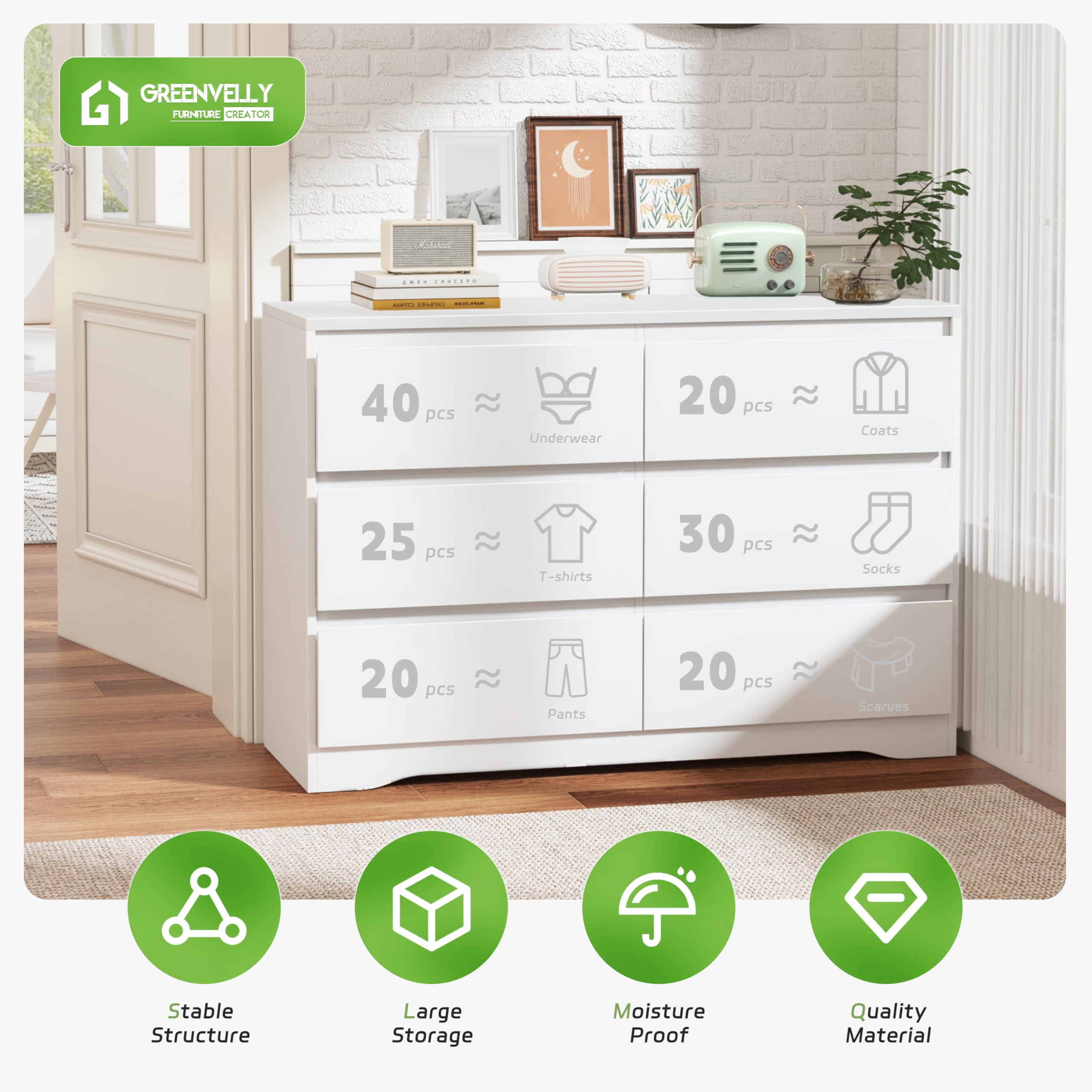 Greenvelly White Dresser with Deep Drawers - Modern 6-Drawer Wooden Chest for Bedroom & Nursery - Spacious Storage Dresser for Women & Family - Perfect for Organizing Clothes, Bedding & Home Decor