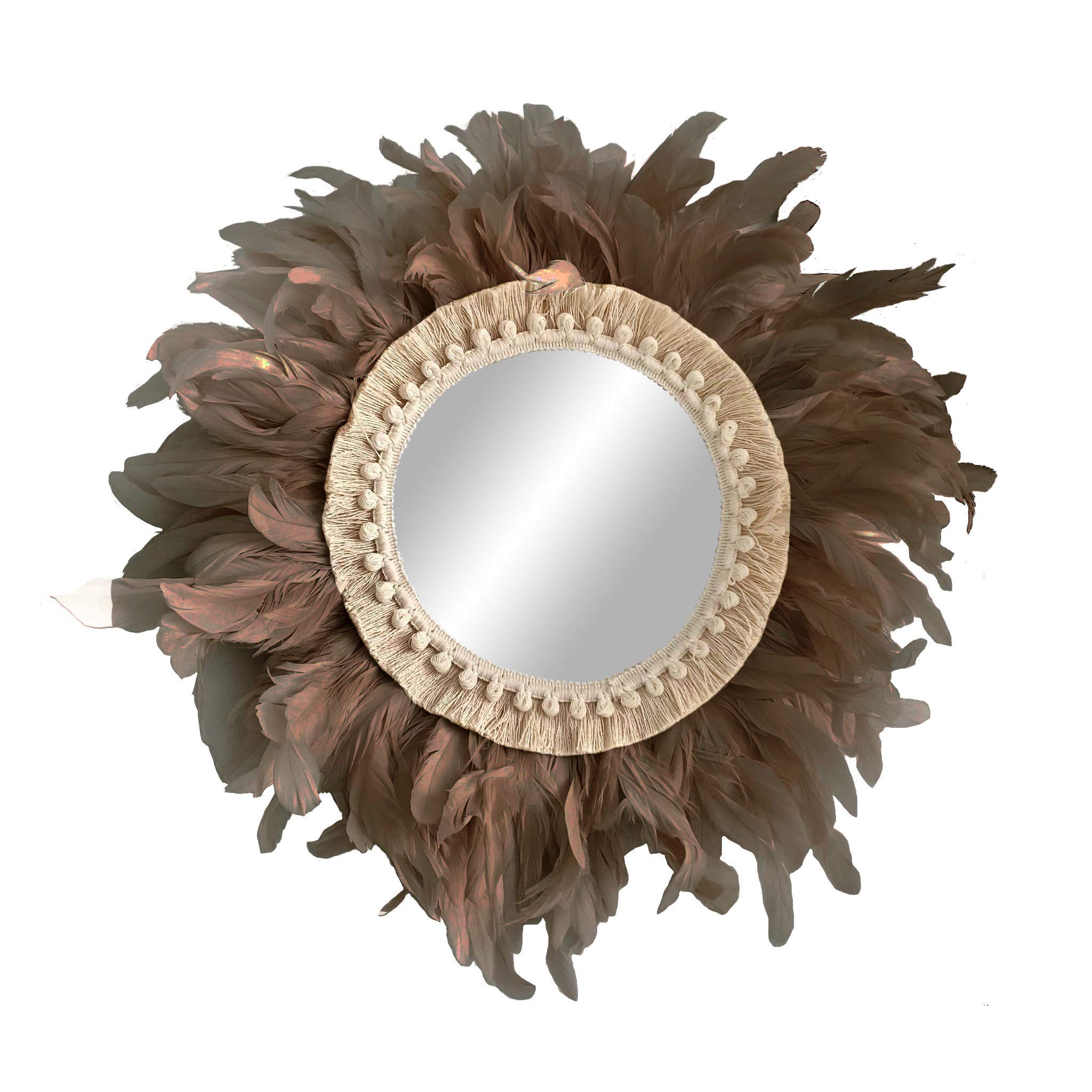 Handmade Rooster Feather Wall Mirror - Brown Decorative Mirror for Home & Living Room Décor | Unique Boho Style Accent Mirror for Bedroom, Bathroom, or Entryway