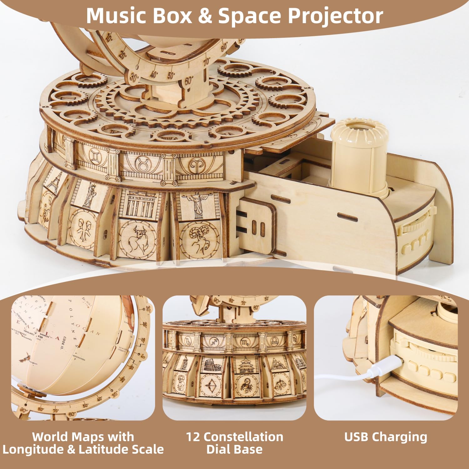 MIEBELY STEM Building Toys Kit - 3D Wooden Puzzle for Adults & Kids Ages 8+, DIY LED Wood Model with USB Charging, Illuminated Globe Music Box - Perfect Birthday Gift, Desk Decor for Boys & Girls - Great for STEM Learning, Home Office Decoration and Creative Play