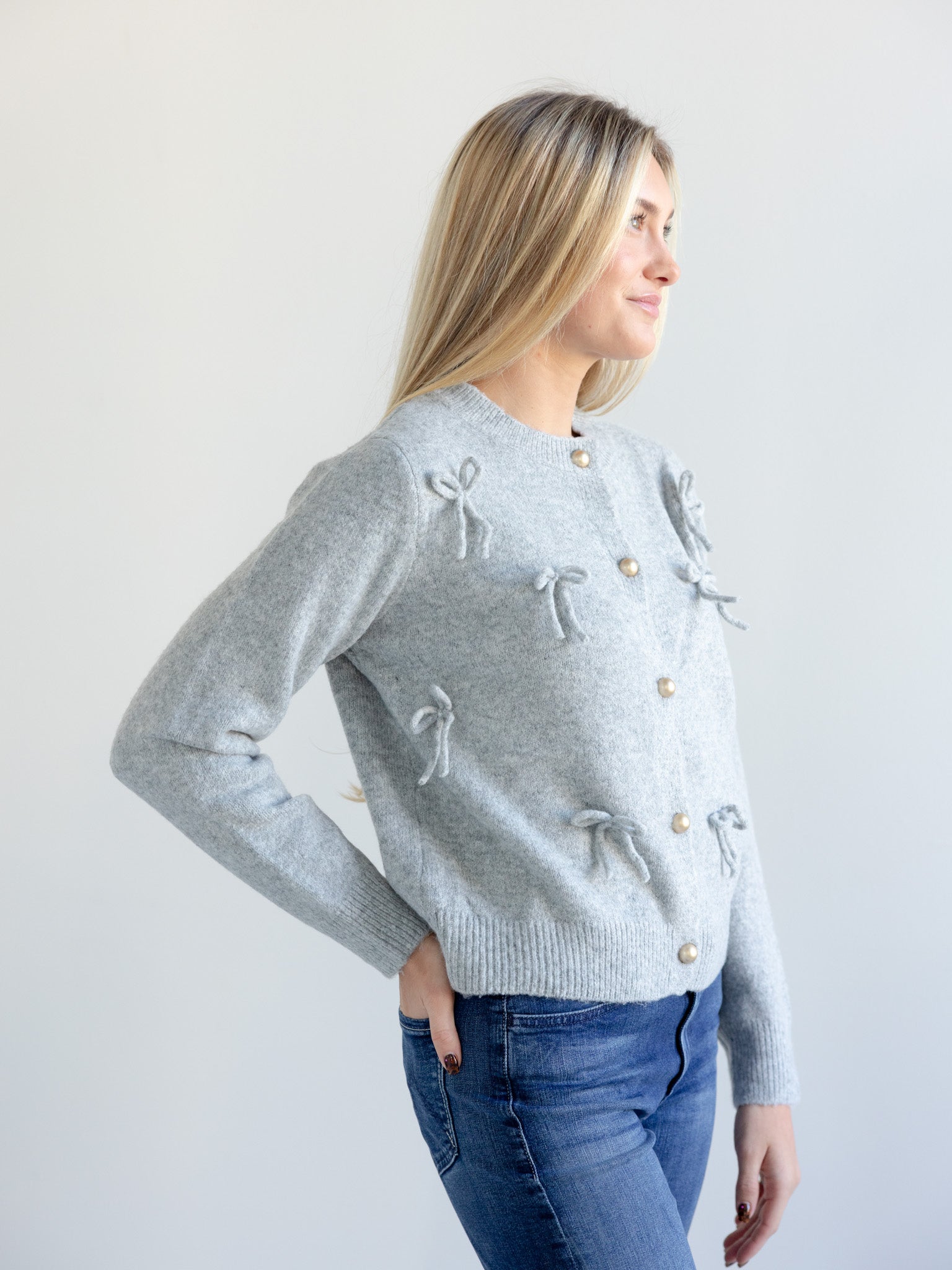 Annie Bow Cardigan Grey - Stylish Women's Knit Cardigan for Casual Wear & Office Outfits