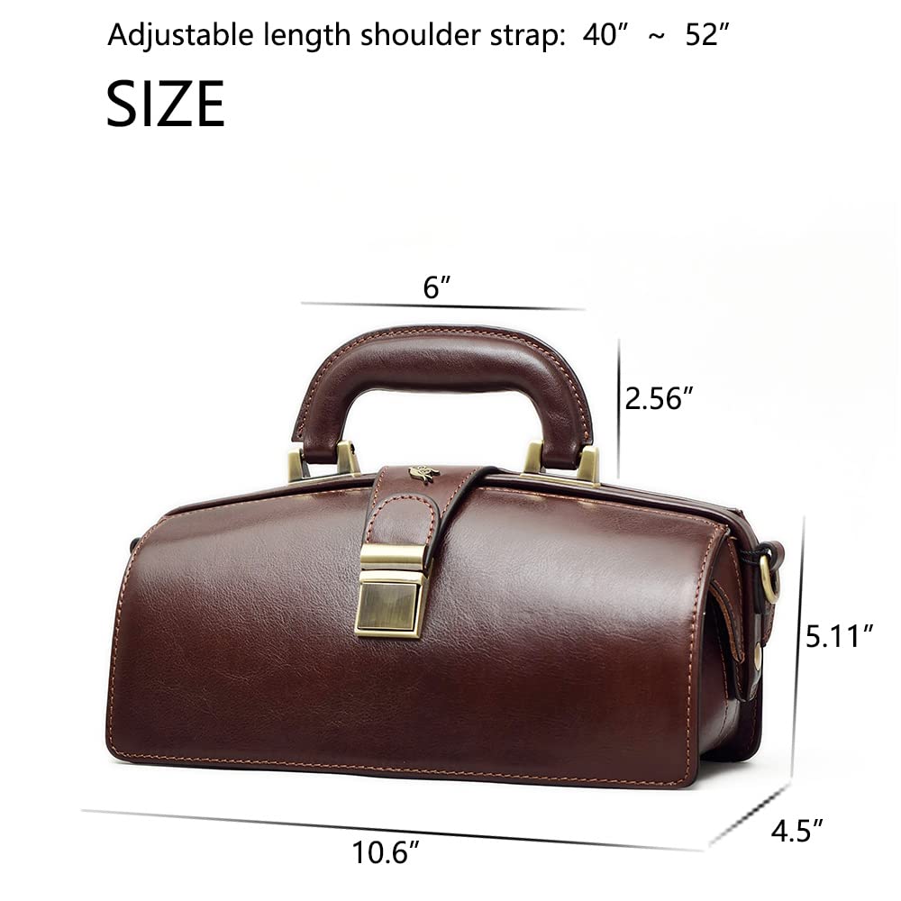 Genuine Leather Handbag for Women - Premium Cowhide Doctor Bag with Shoulder Strap & Buckle Closure - Stylish Brown Leather Purse for Work, Travel & Everyday Use