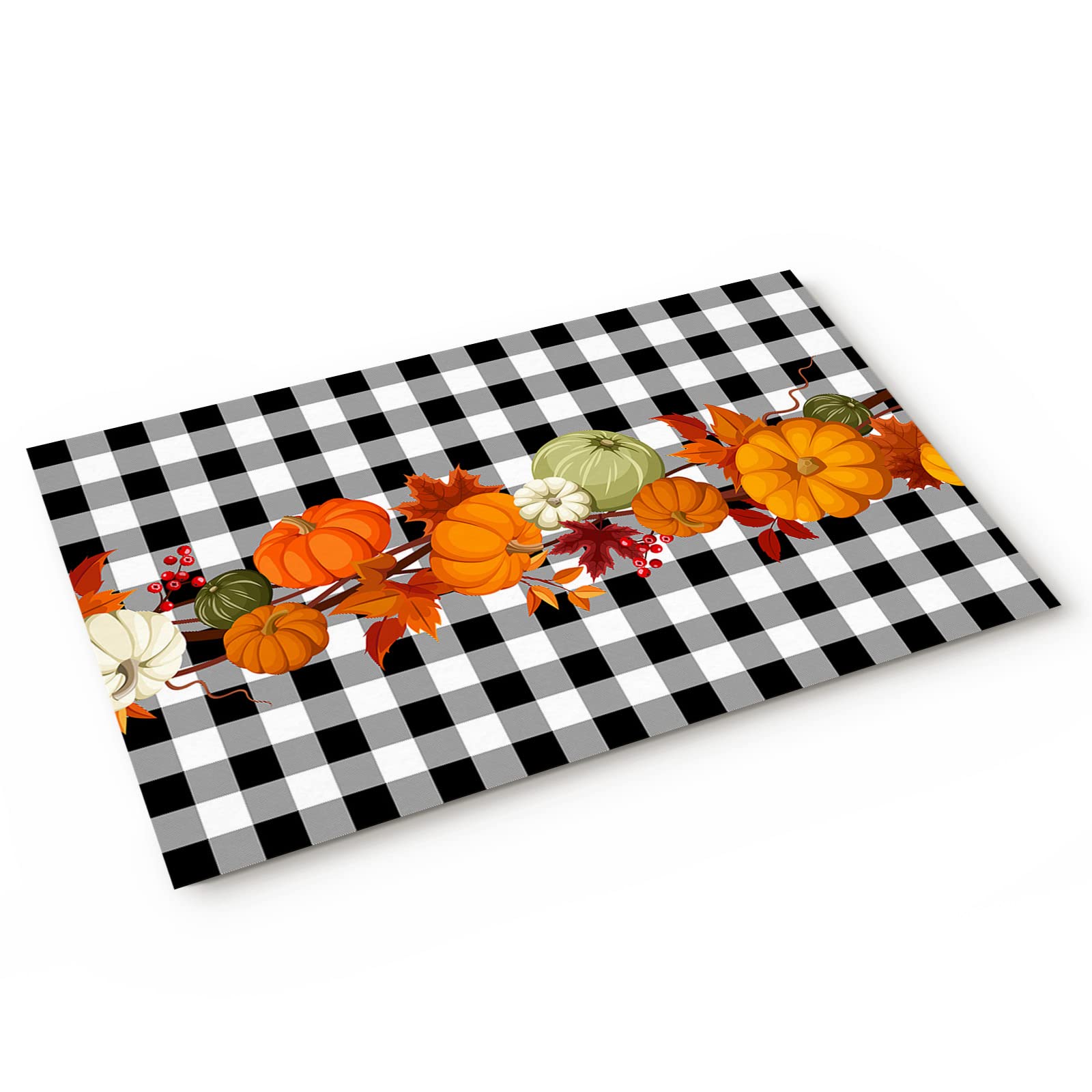 Buffalo Plaid Fall Doormat - Non-Slip, Dirt Proof Thanksgiving Welcome Mat (20x32 Inch) for Entryway, Indoor, Garage | Water Absorbent Rug with Pumpkin & Maple Leaf Design for Seasonal Home Decor