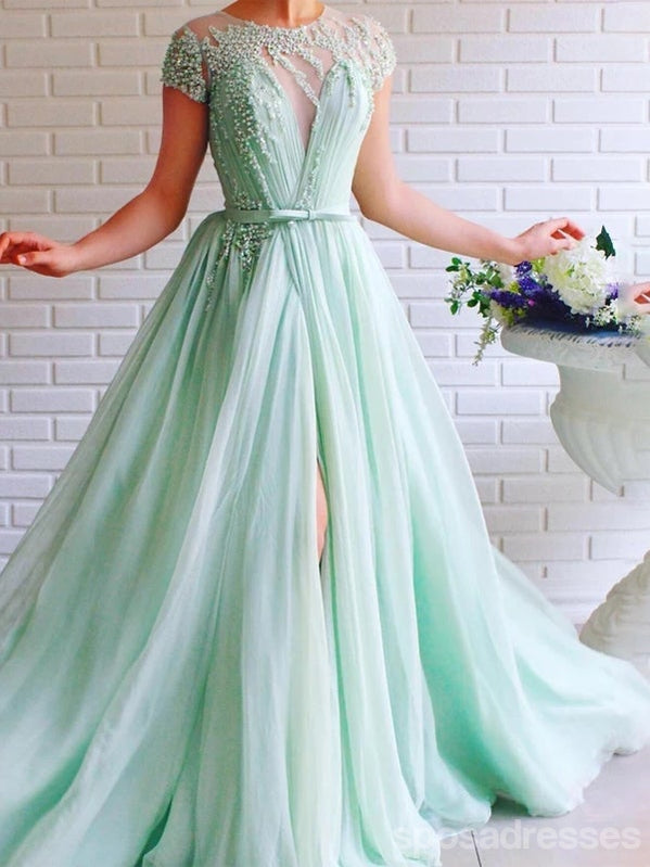 Elegant Mint Green A-Line Short Sleeve Prom Dress with High Slit - Formal Evening Gown for Homecoming, Prom Night & Special Occasions