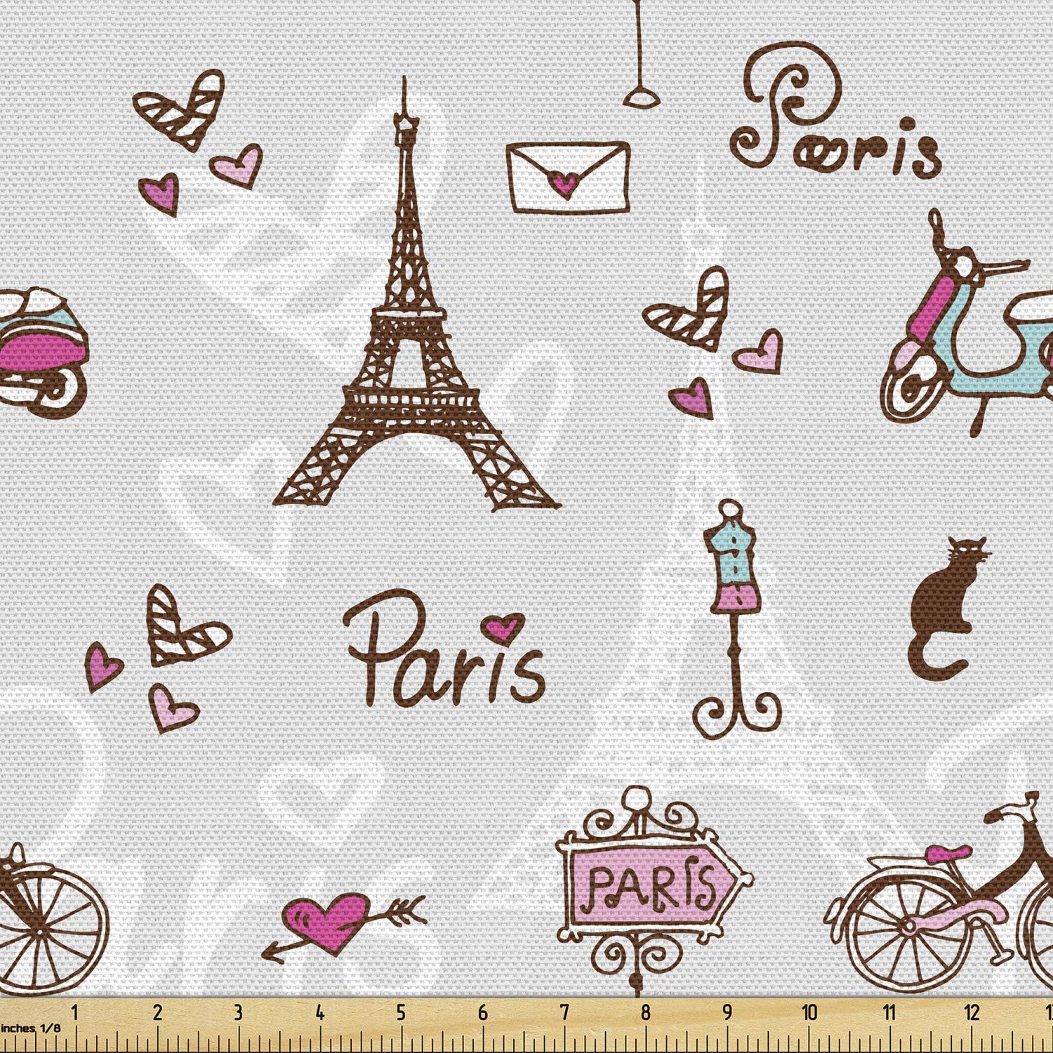 Ambesonne Paris Fabric by The Yard - Romantic Eiffel Tower Heart Print Decorative Upholstery Fabric for Sofa, Curtains & Home Decor (5 Yards, Redwood Pearl) | Perfect for DIY Projects, Throw Pillows & French-Inspired Interior Design