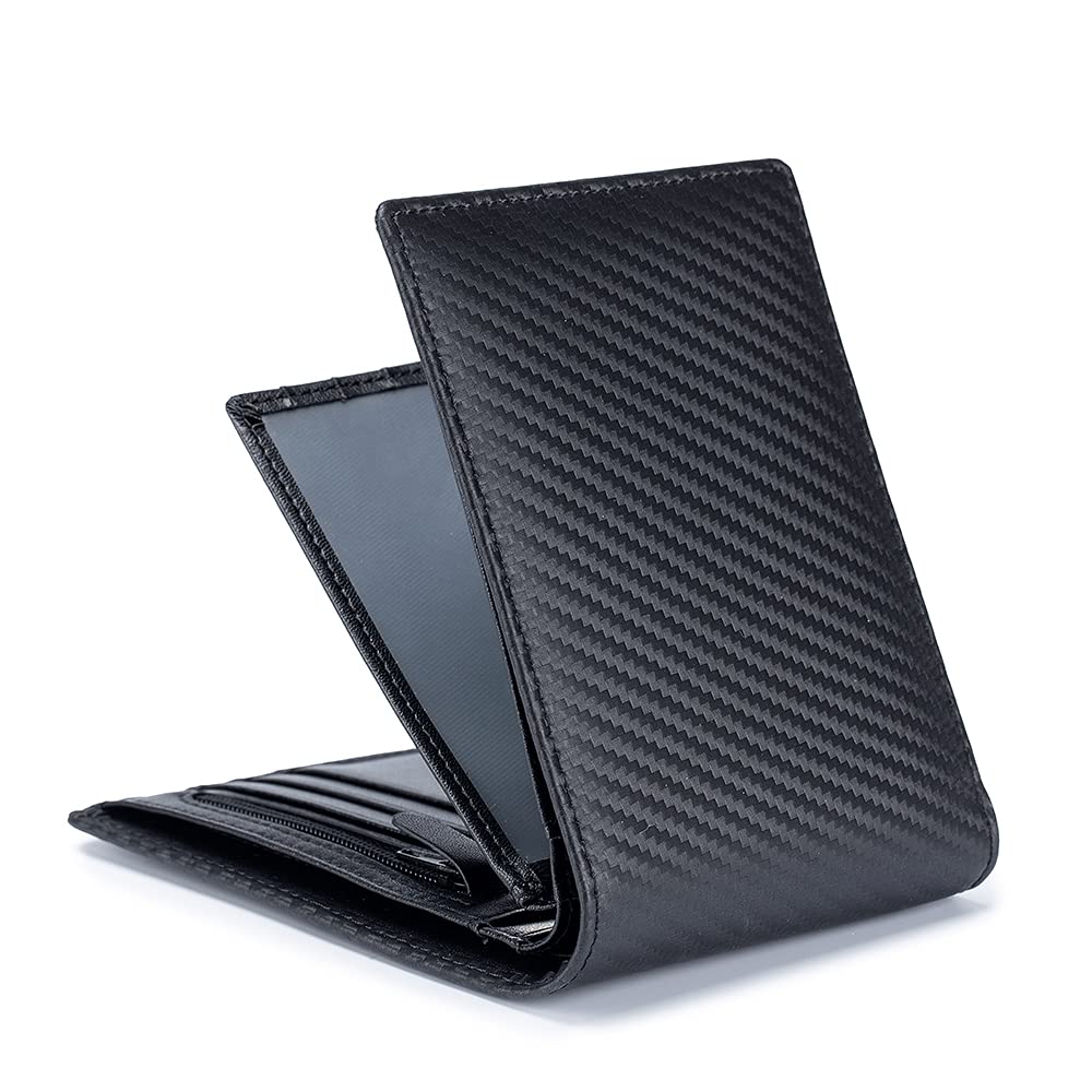 Men's RFID Blocking Carbon Fiber Slim Trifold Wallet - Genuine Cow Split Leather Minimalist Credit Card Holder & Coin Purse (Black) | Perfect for Everyday Carry, Travel & Business