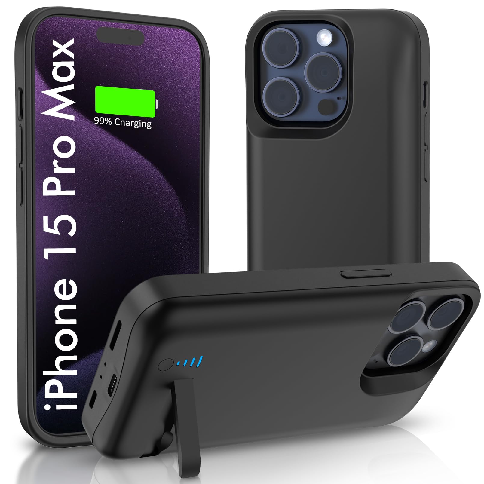 6000mAh iPhone 15 Pro Max Battery Case with Kickstand - Extended Charging Protective Cover for Apple iPhone 15 Pro Max (6.7