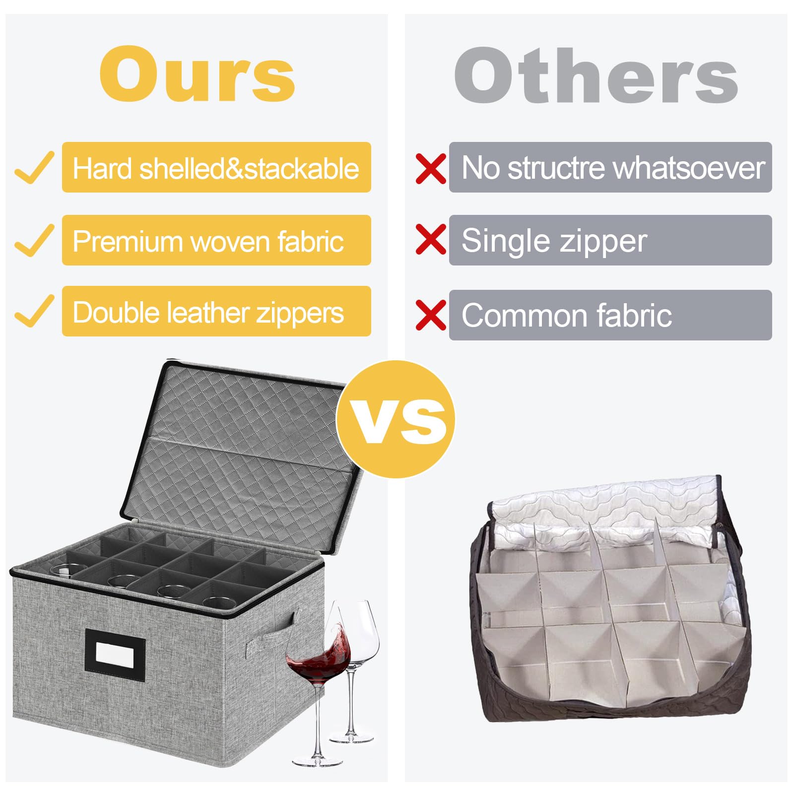 VERONLY 12-Piece Wine Glass Storage Box with Dividers - Hard Shell Quilted Protector for Stemware, Crystal & Glassware - Stackable, Light Grey - Perfect for Home Bar, Kitchen Organization & Party Serving