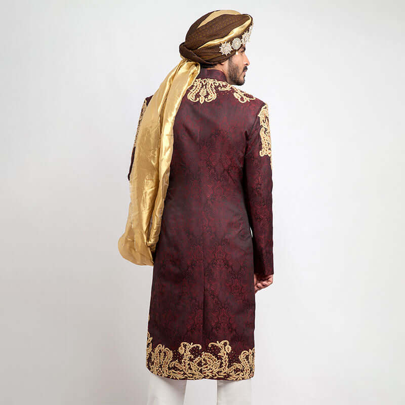 Deep Burgundy Pure Jamavar Silk Sherwani for Men | Luxury Indian Wedding Attire | Perfect for Grooms, Festivals & Special Occasions