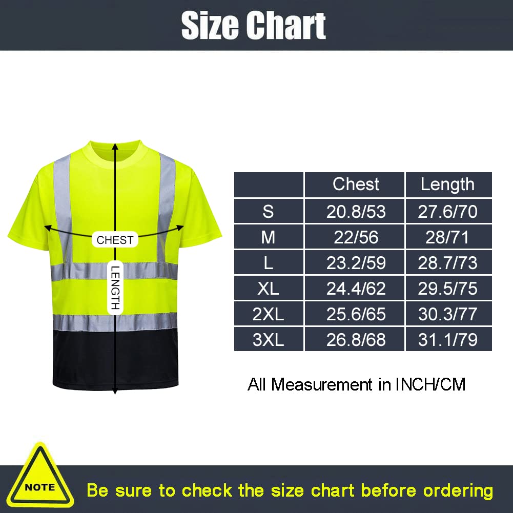 High Visibility Safety Reflective Short Sleeve T-Shirts for Men & Women - Construction Work Shirts with Black Bottom - Ideal for Night Work, Roadside Safety & Outdoor Activities