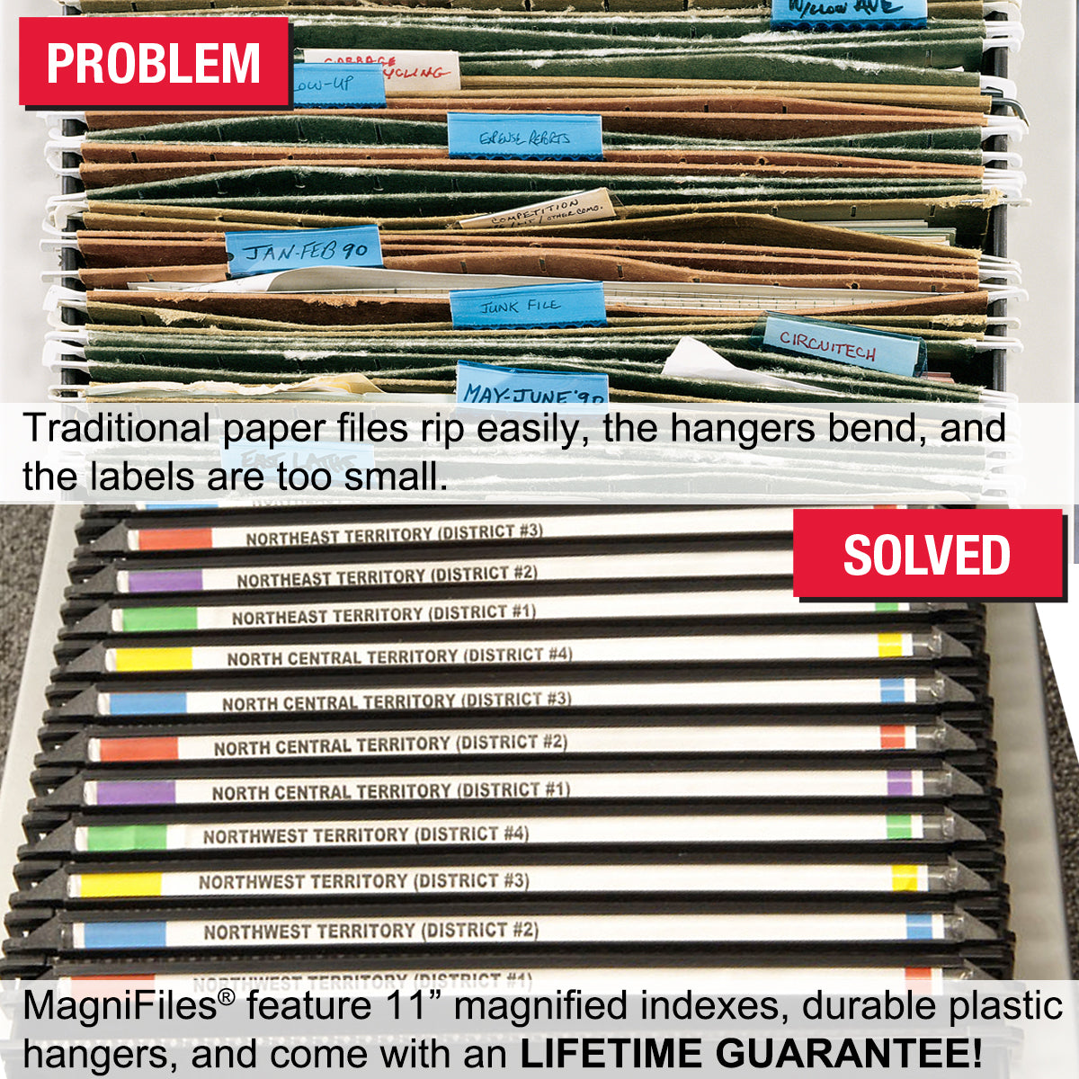 Ultimate MagniFile™ Hanging File Folders - Letter Size V-Bottom File Organizer with 11 Magnified Index Tabs (Set of 5, Black) - Double Visibility for Fast Filing - Includes 25 Index Strips & Lifetime Guarantee - Perfect for Office, Home, and School Organization