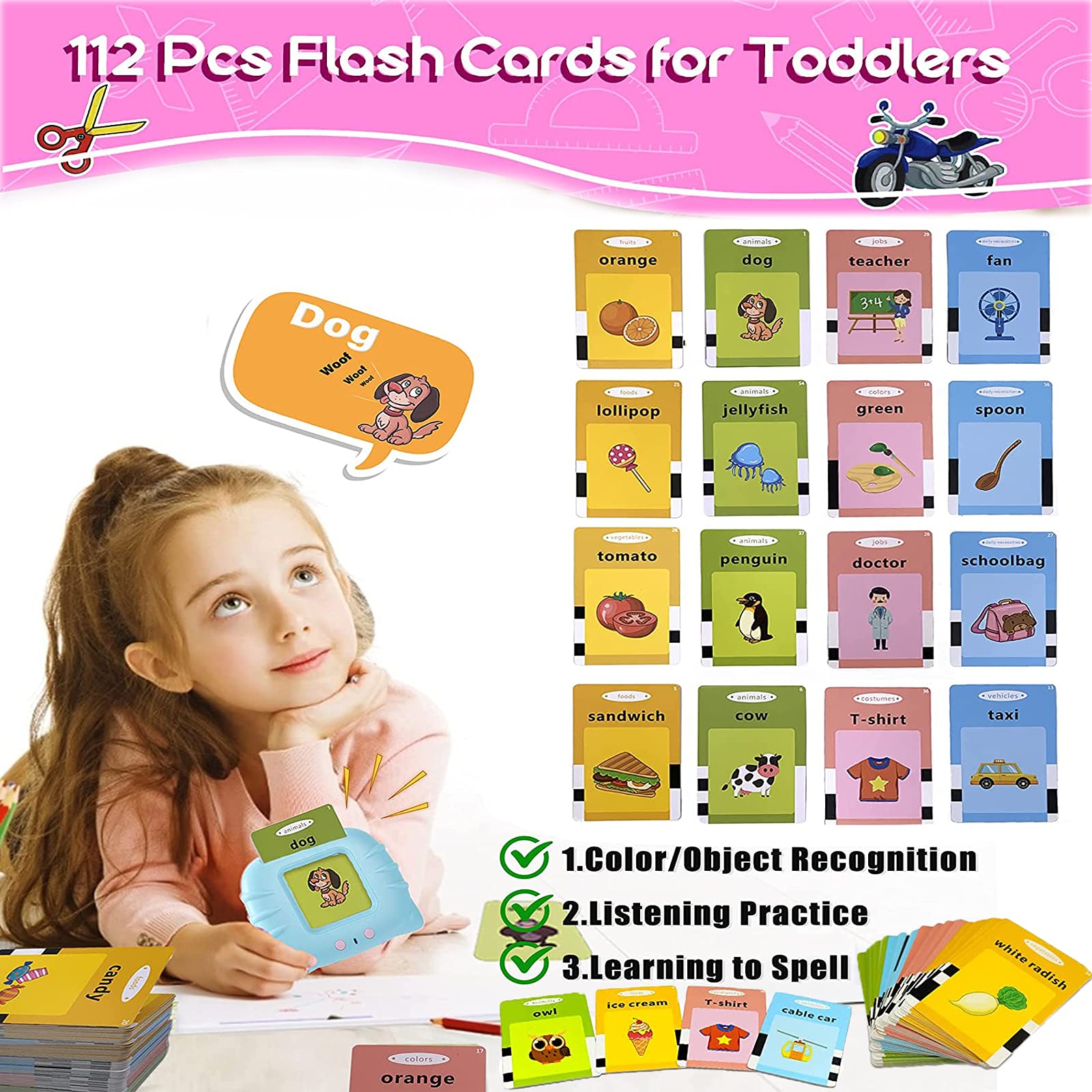 WONFAST 112PCS Educational Flash Cards for Toddlers - Preschool Learning Toy for Boys & Girls | Birthday & Christmas Gifts | Home & Classroom Use