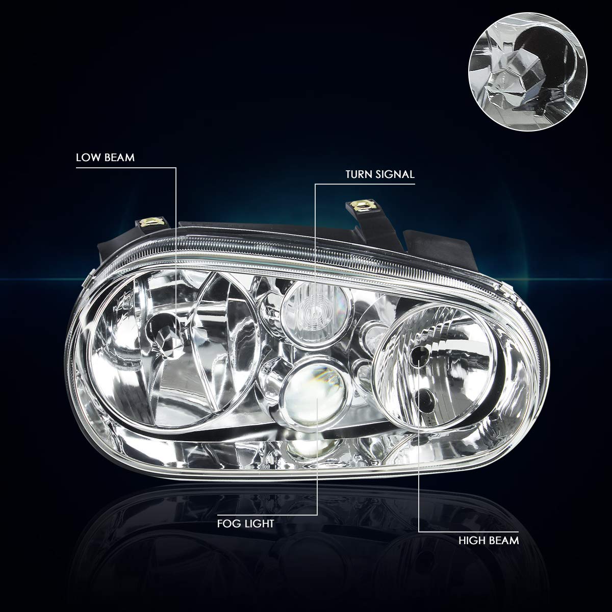 PM PERFORMOTOR 2Pcs LED Headlight Assembly with Projector Fog Lamps - Compatible with 1999-2006 VW Golf Cabrio, Chrome Housing - Upgrade for Night Driving & Enhanced Visibility