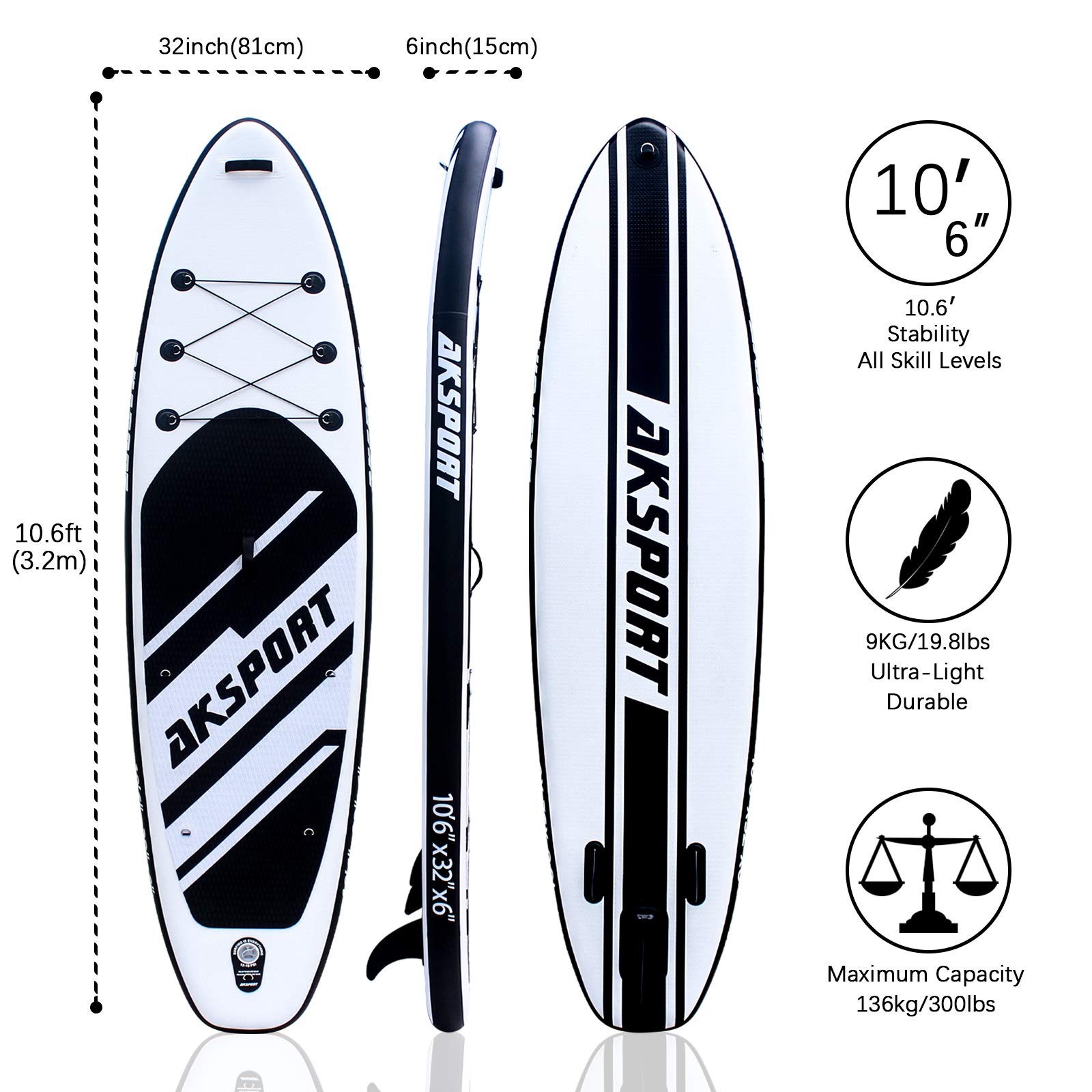 AKSPORT Inflatable Stand Up Paddle Board - Premium SUP Board with Paddle, Pump & Accessories for Adults & Youth - Perfect for Lakes, Rivers & Ocean Paddling