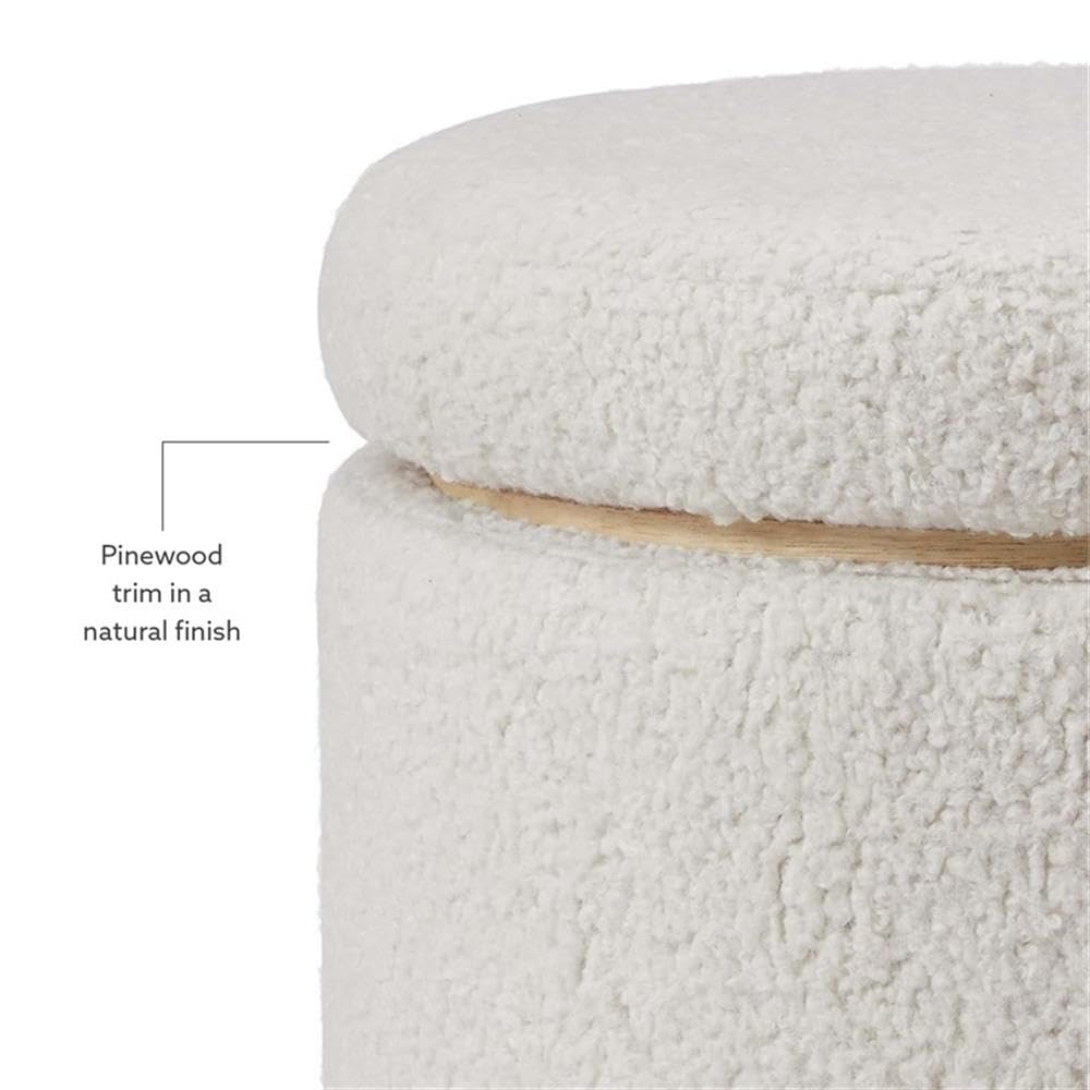 Linon Hawn Round Padded Storage Ottoman with Light Wood Trim - Natural Sherpa Fabric Upholstered Footrest Stool for Living Room, Bedroom & Home Decor