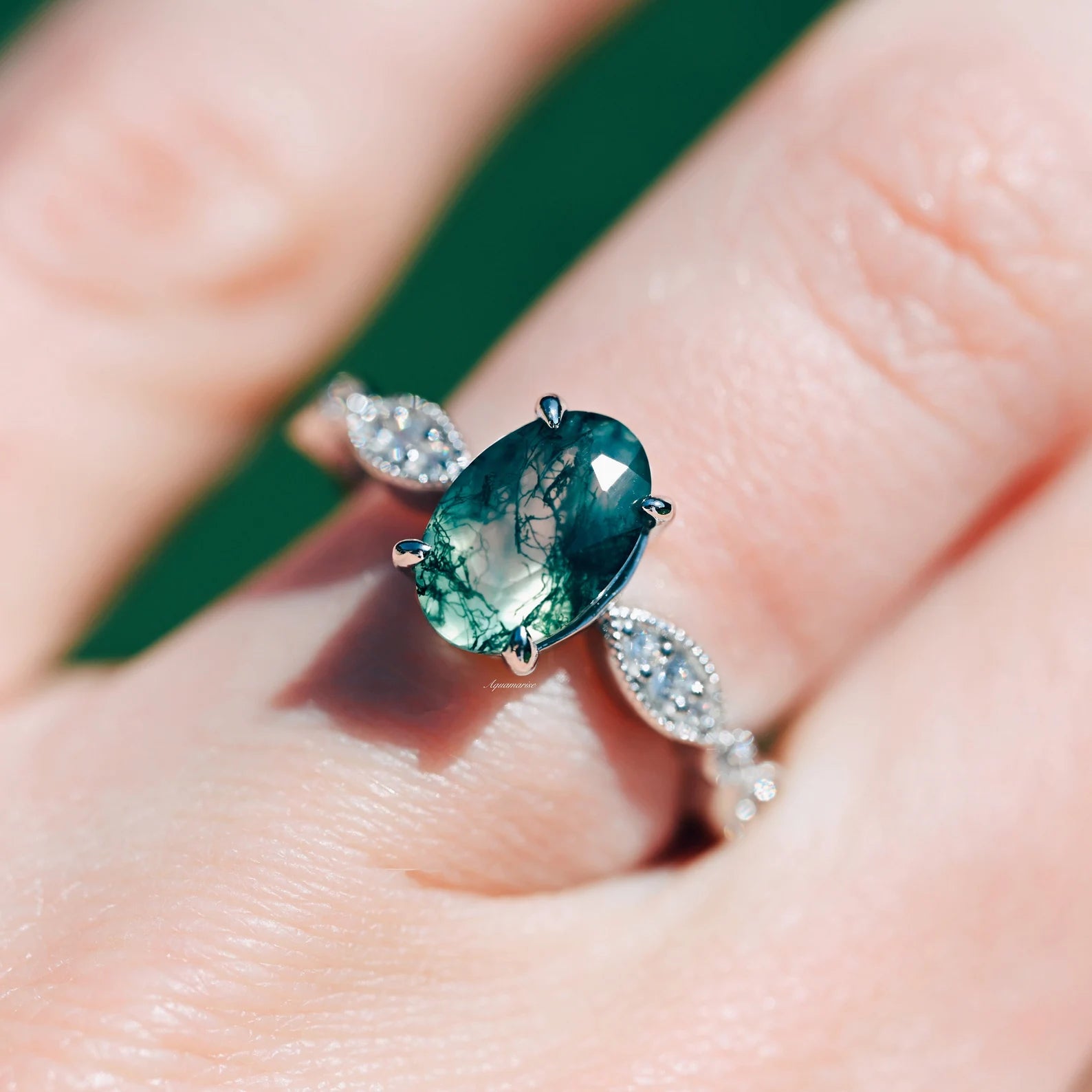 Kylie Art Deco Green Moss Agate Ring - Sterling Silver Jewelry for Women | Vintage Style Statement Ring for Parties, Weddings & Everyday Wear