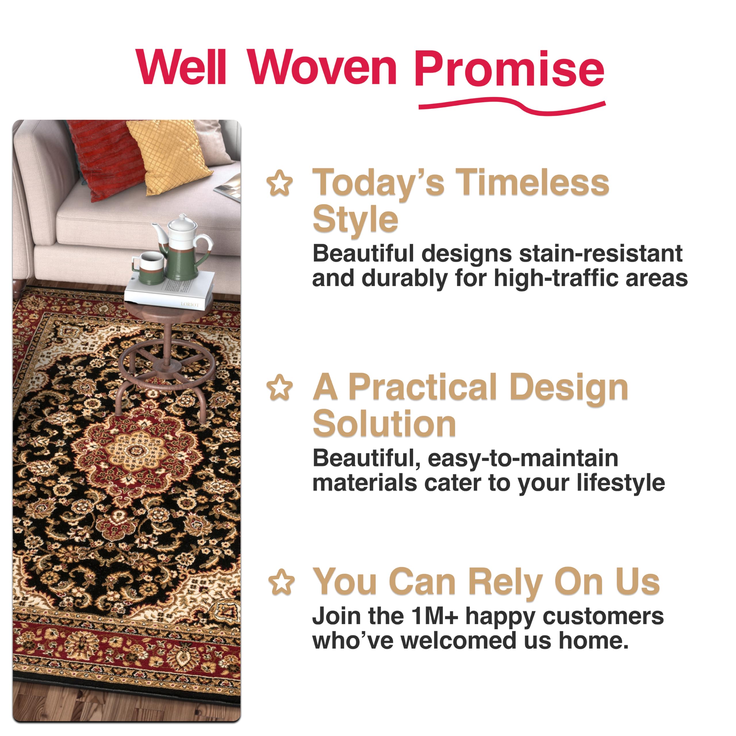 Well Woven Barclay Collection Medallion Kashan Black 5 ft Round Area Rug - Soft Non-Slip Living Room Rug, Bedroom Carpet & Dining Room Floor Mat for Home Decor & Comfort