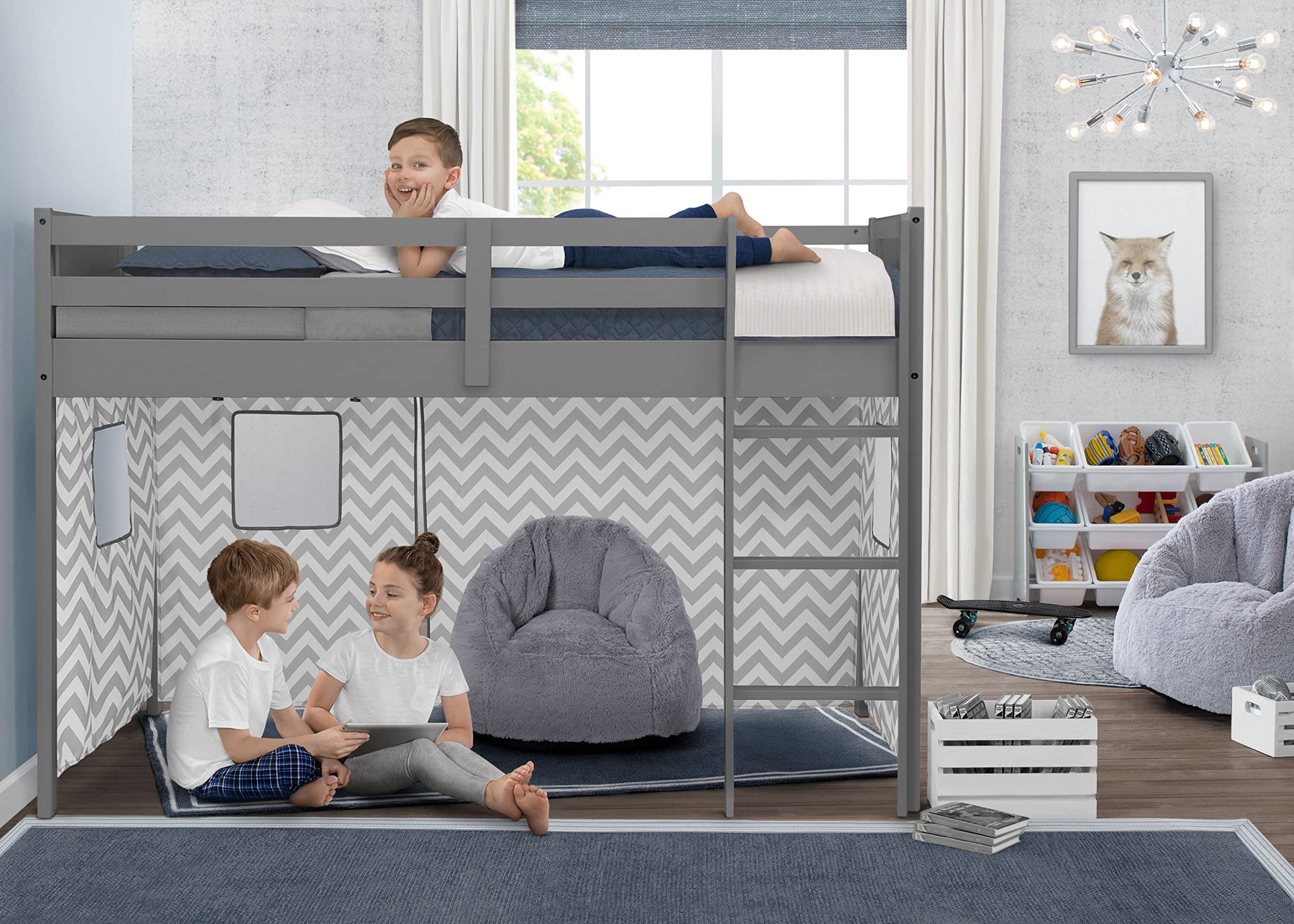 Delta Children Loft Bed Tent Curtain Set for Twin Loft Beds (Bed Sold Separately) - Grey Chevron Design | Perfect for Kids' Bedroom Decor, Sleepovers & Playtime Adventures