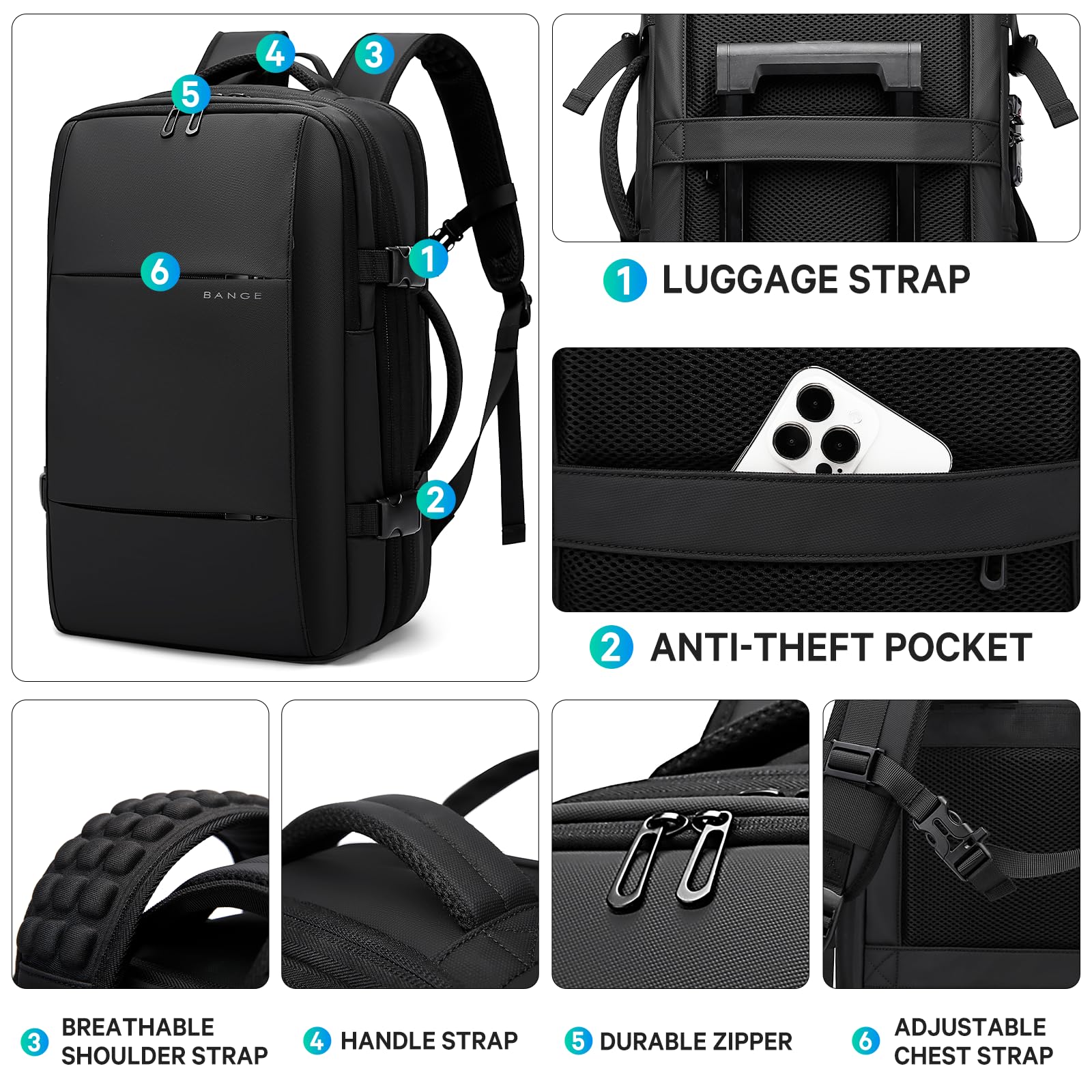 BANGE Airback Anti-Theft Travel Backpack with Vacuum Compression - Expandable Carry On Backpack with Air Pump for Airplane, Business Trip & Outdoor Adventures