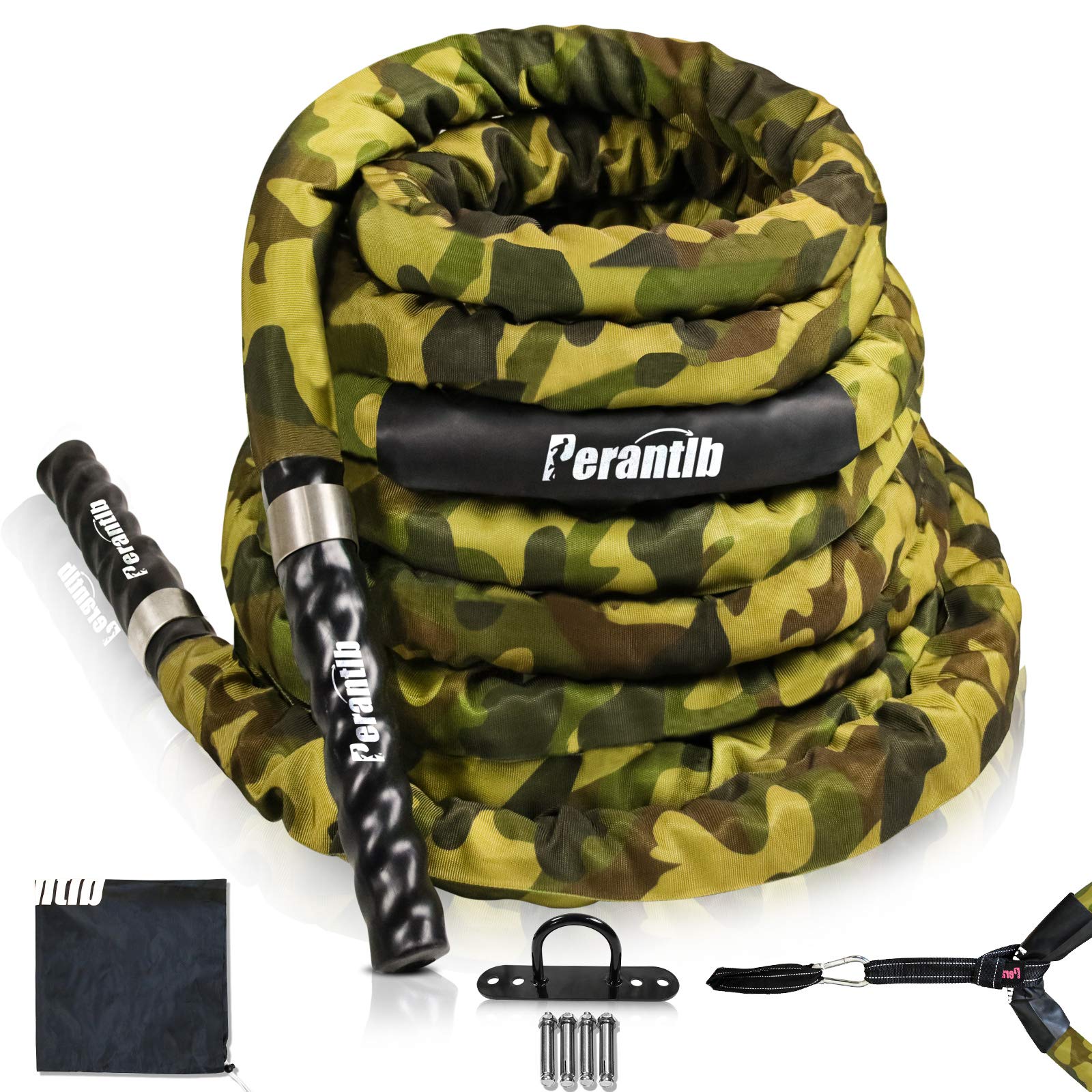 Perantlb Poly Battle Rope with Cloth Sleeve - 1.25/1.5/2 Inch Diameter 30/40/50 Feet Length - Gym Fitness Equipment for Muscle Toning & Metabolic Workout - Includes Anchor Strap Kit - Perfect for Home Gym, CrossFit & Outdoor Training