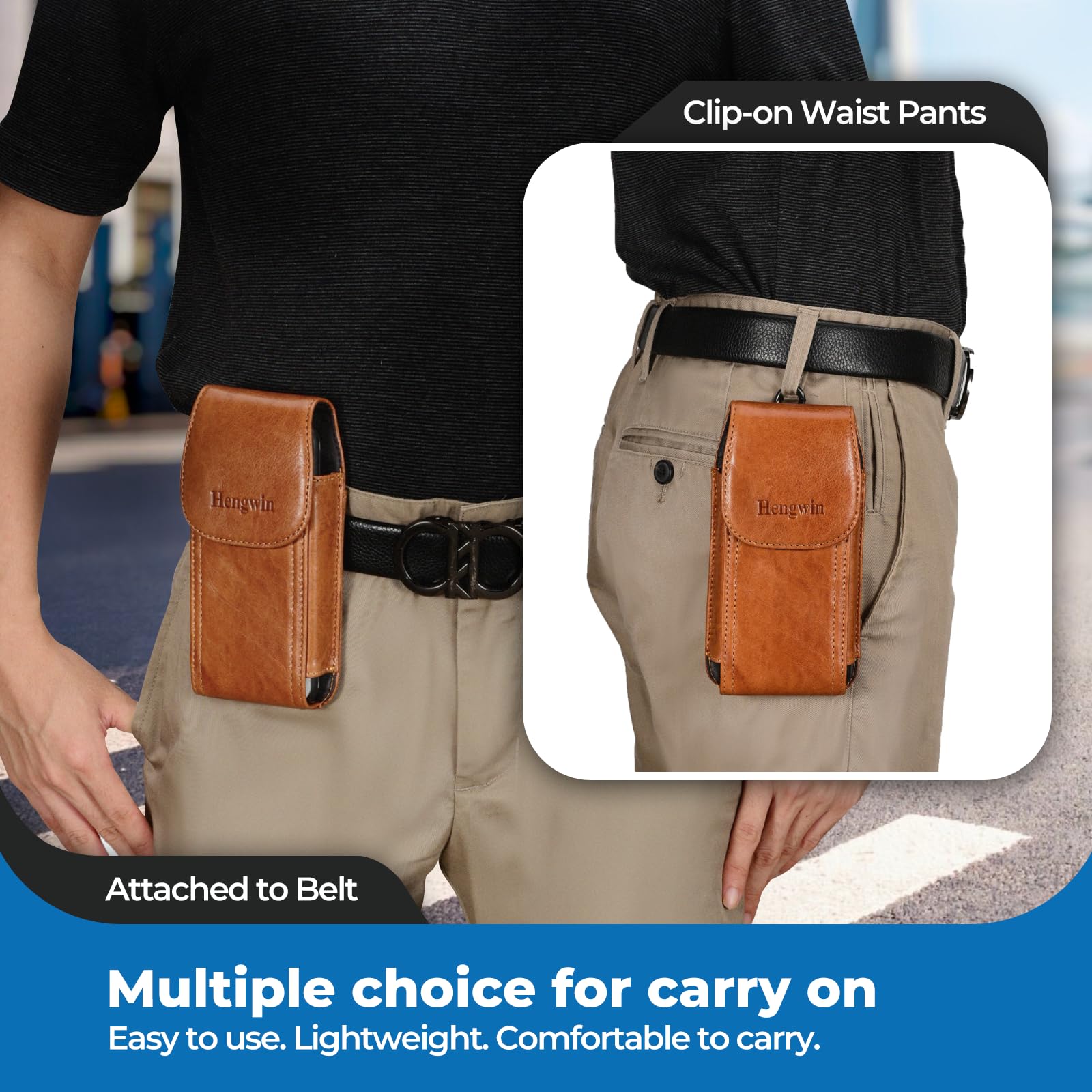 Genuine Leather Belt Clip Phone Holster Case for iPhone 16 Pro Max/15 Pro Max/14 Pro Max/13 Pro Max & Samsung Galaxy S25 Ultra/S24 Ultra - Premium Brown Leather Belt Holder Pouch for Everyday Carry & Outdoor Activities