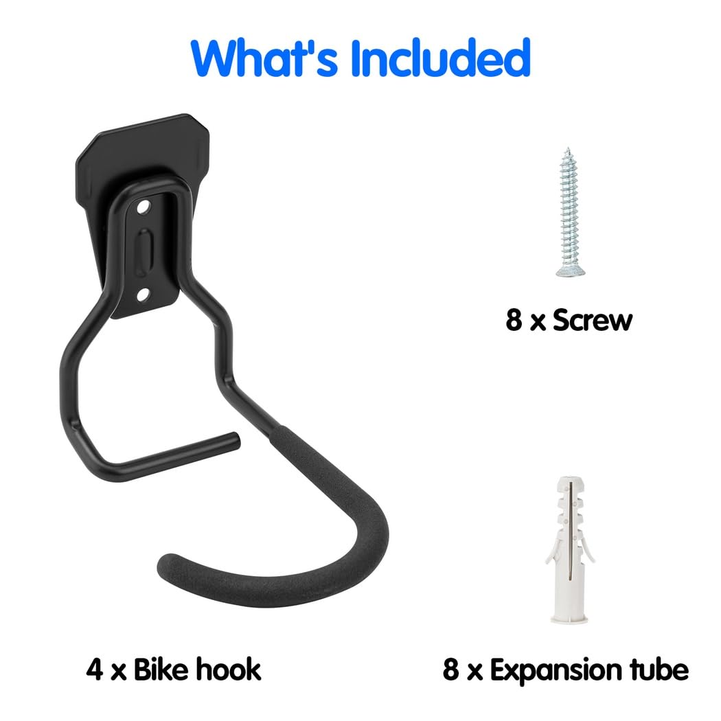 Heavy Duty Bicycle Wall Mount Hangers - 4 Pack Bike Storage Hooks with 77-99Lb Load Capacity | Vertical Bike Rack for Garage, Shed & Corner | Includes Installation Hardware | Perfect for Space-Saving Bike Organization in Small Homes & Apartments