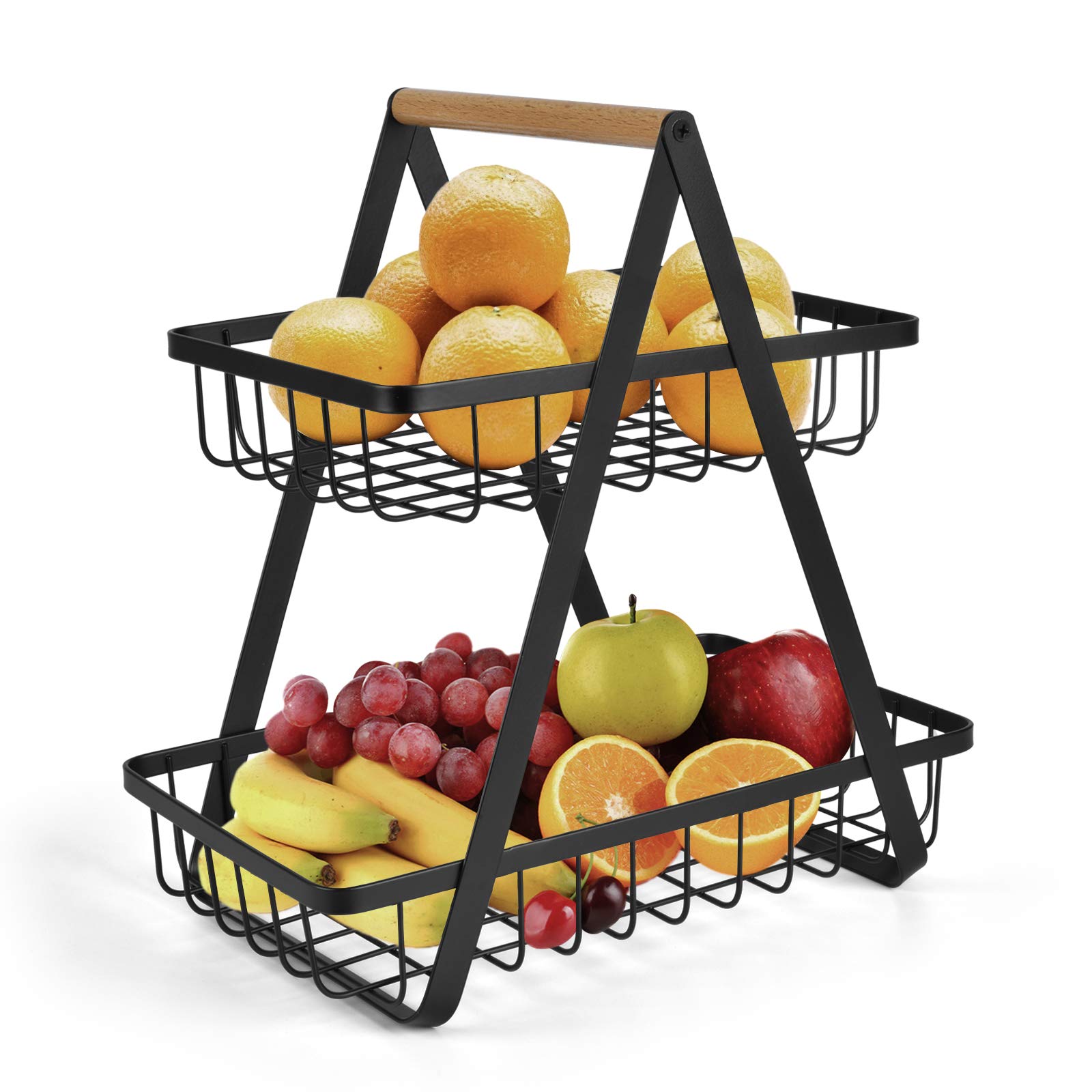 2-Tier Countertop Fruit Basket - Kitchen Storage Organizer for Fruits, Vegetables, Bread - Space Saving Black Wire Basket for Counter, Pantry & Dining Table Display